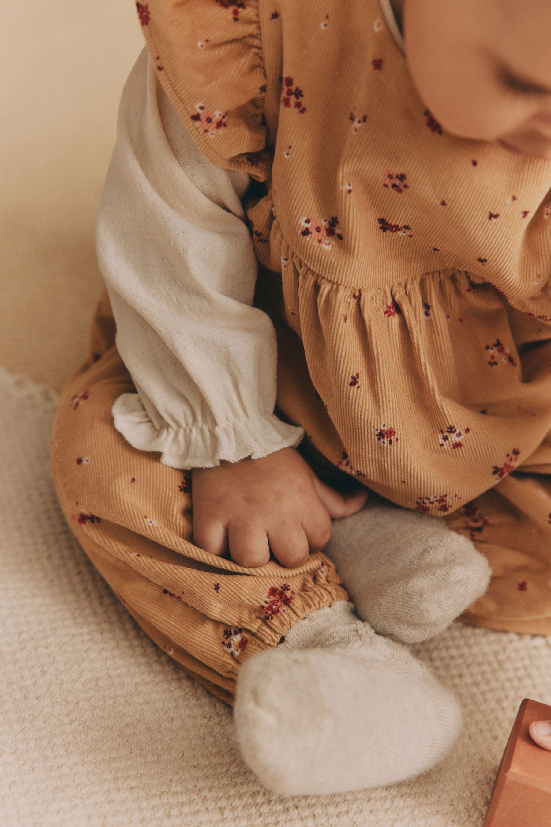 Ochre Yellow Ditsy Floral Baby Corduroy 100% Cotton Dungarees and Long Sleeve Bodysuit Set (0mths-2yrs)