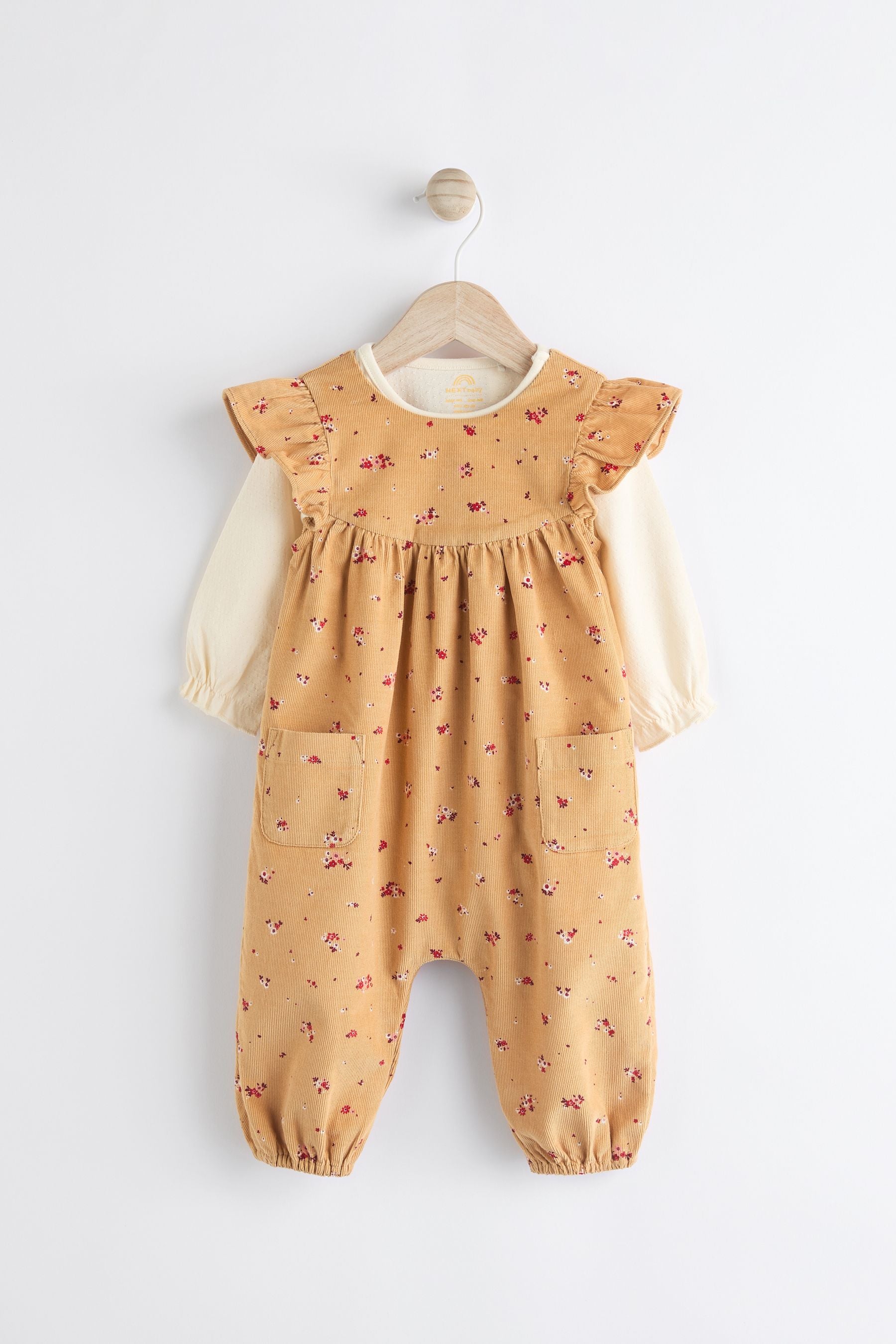 Ochre Yellow Ditsy Floral Baby Corduroy 100% Cotton Dungarees and Long Sleeve Bodysuit Set (0mths-2yrs)