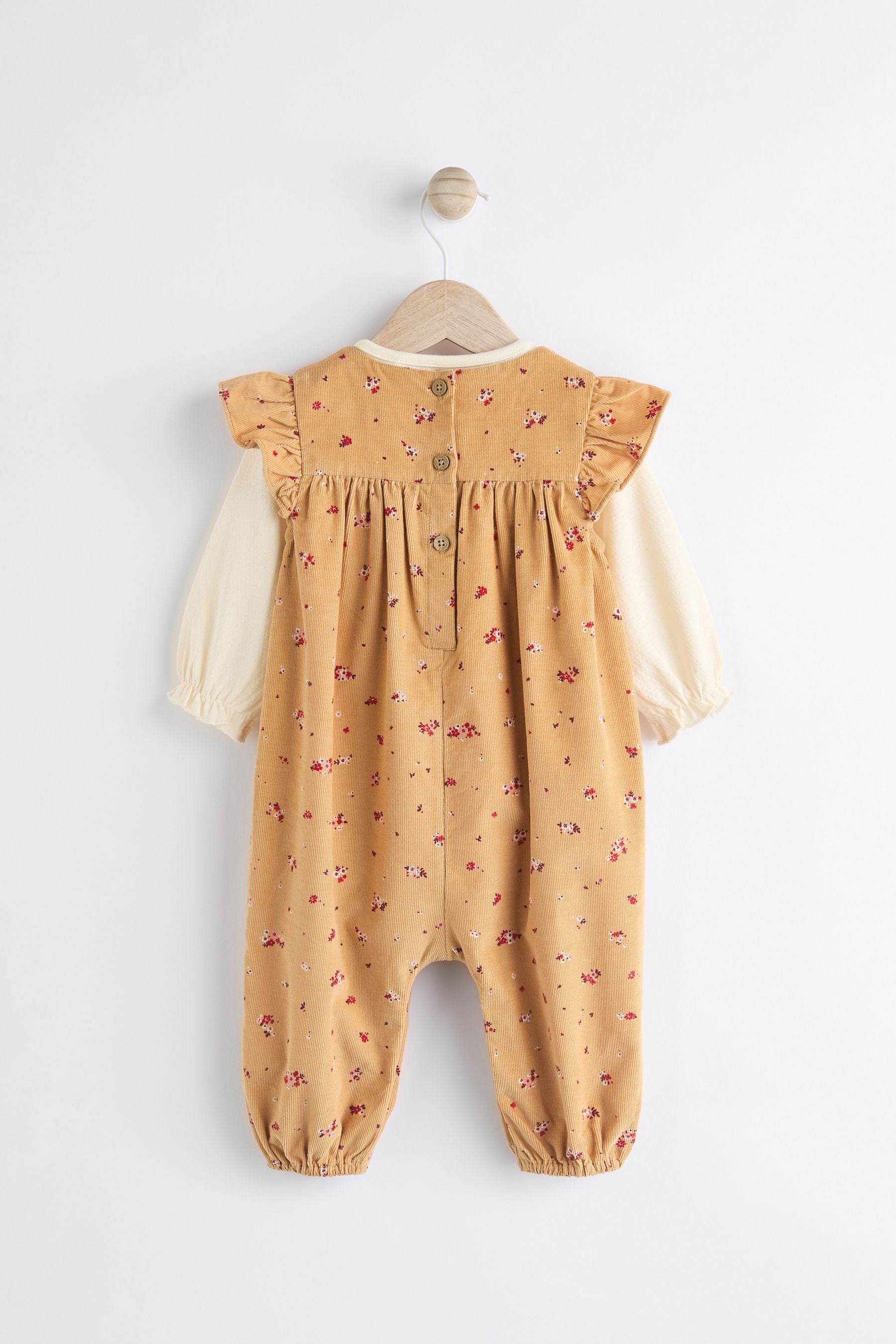 Ochre Yellow Ditsy Floral Baby Corduroy 100% Cotton Dungarees and Long Sleeve Bodysuit Set (0mths-2yrs)