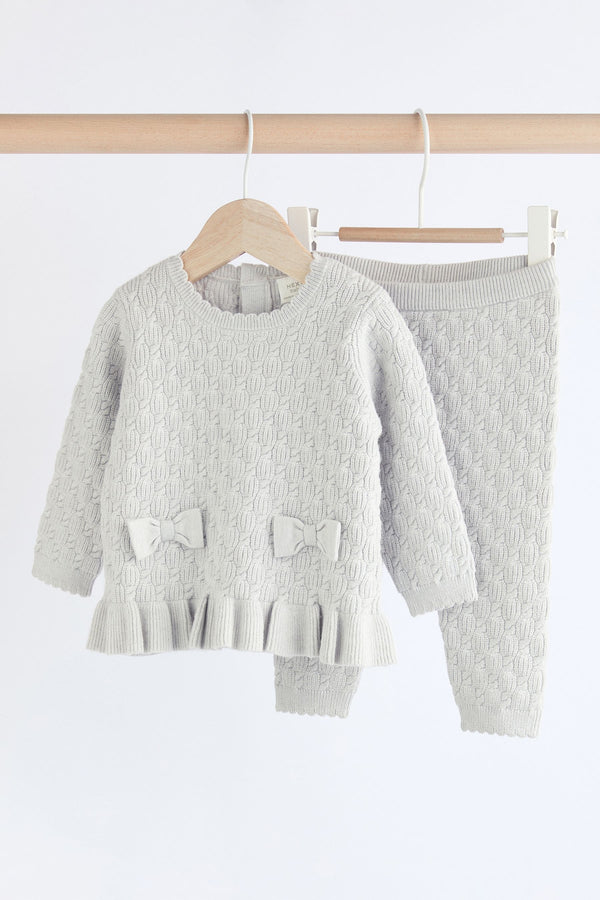 Grey 3D Bows Baby Knitted 100% Cotton Jumper And Leggings Set (0mths-3yrs)