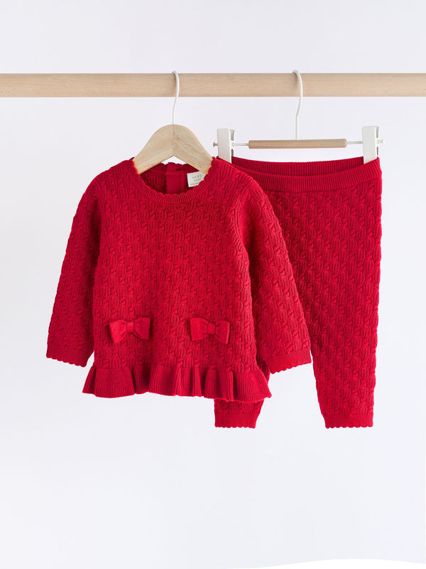 Red 3D Bows Baby Knitted 100% Cotton Jumper And Leggings Set (0mths-2yrs)