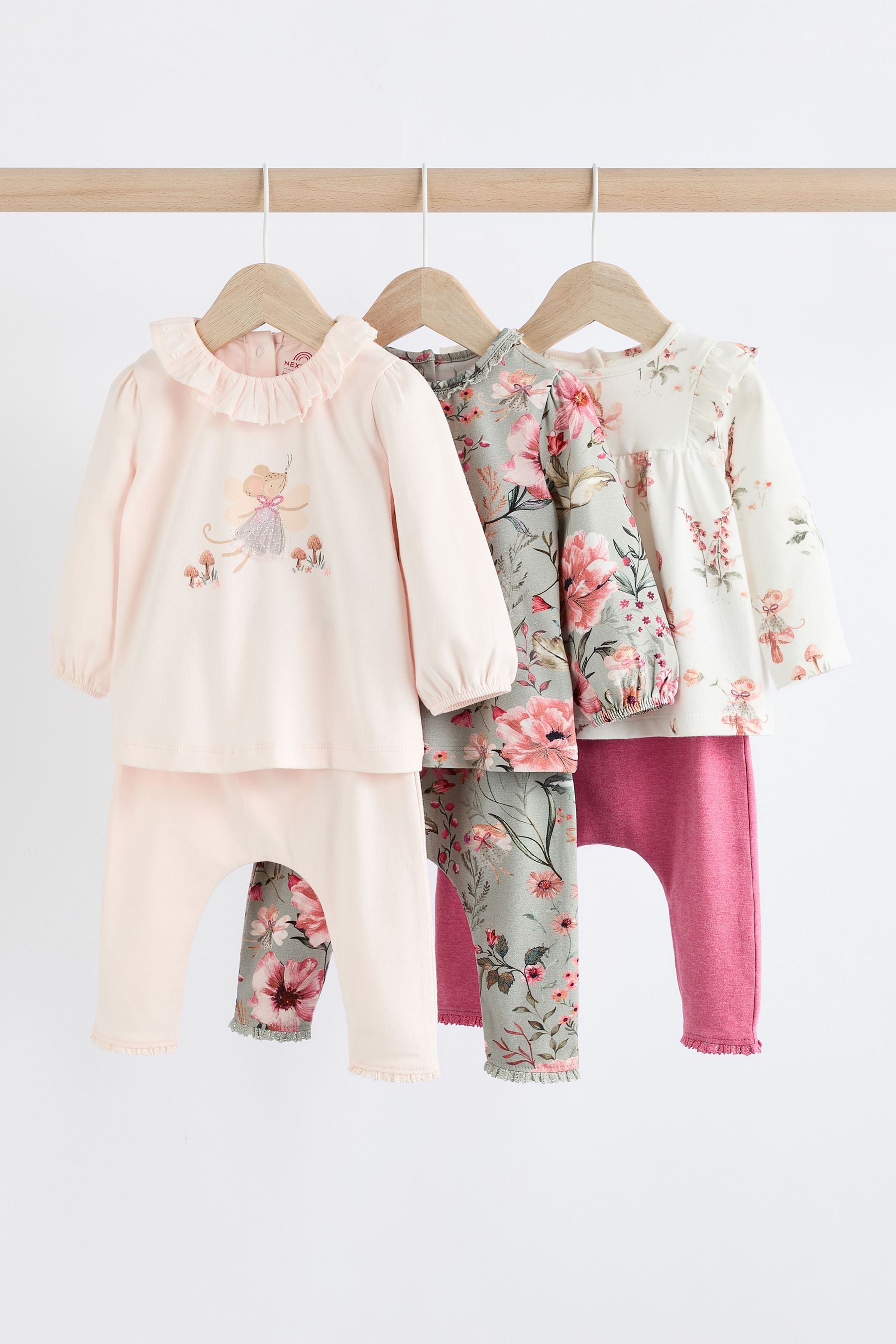 Pink/ Green/ White Floral Fairy Baby Long Sleeve Top And Leggings Set 6 Piece