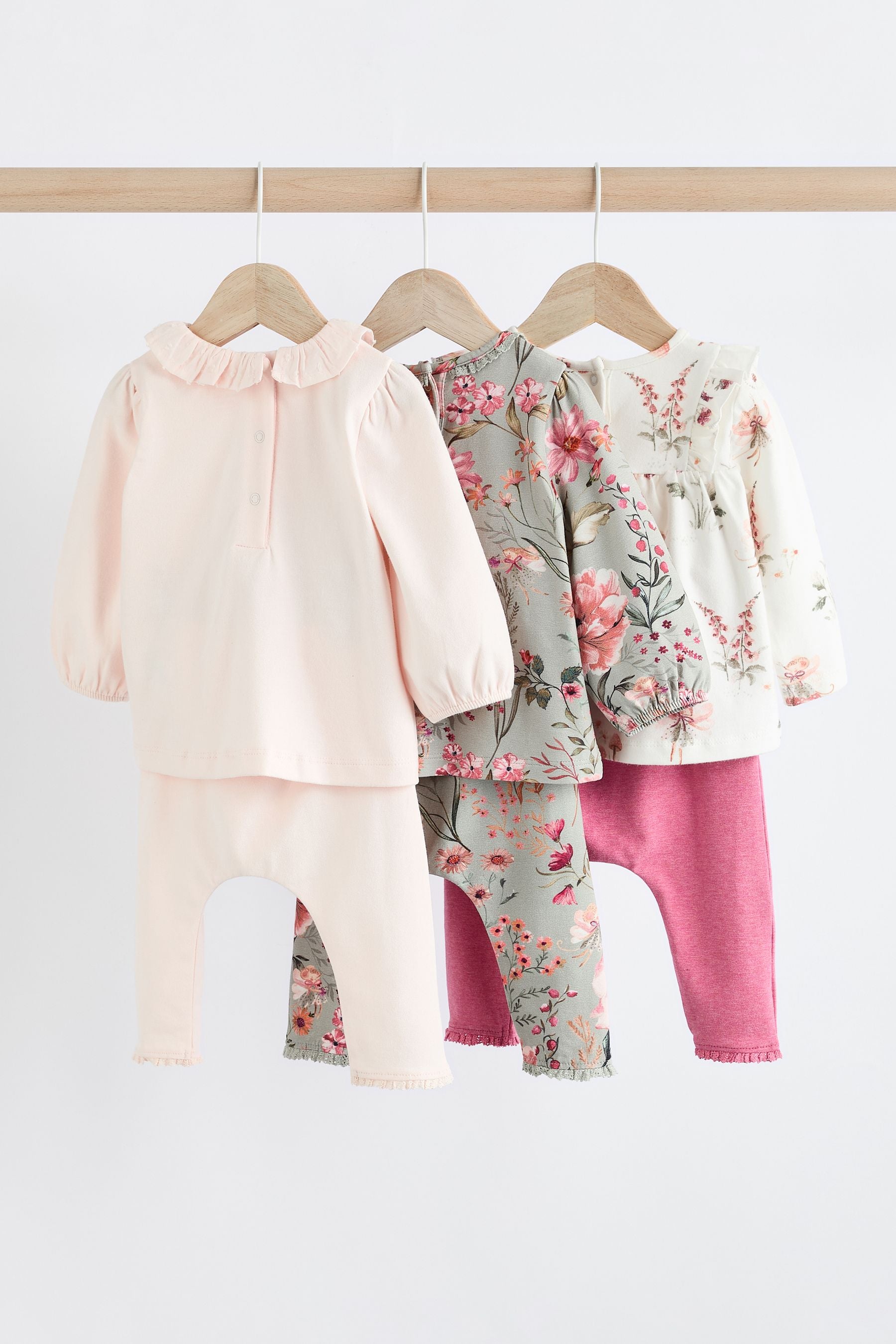 Pink/ Green/ White Floral Fairy Baby Long Sleeve Top And Leggings Set 6 Piece