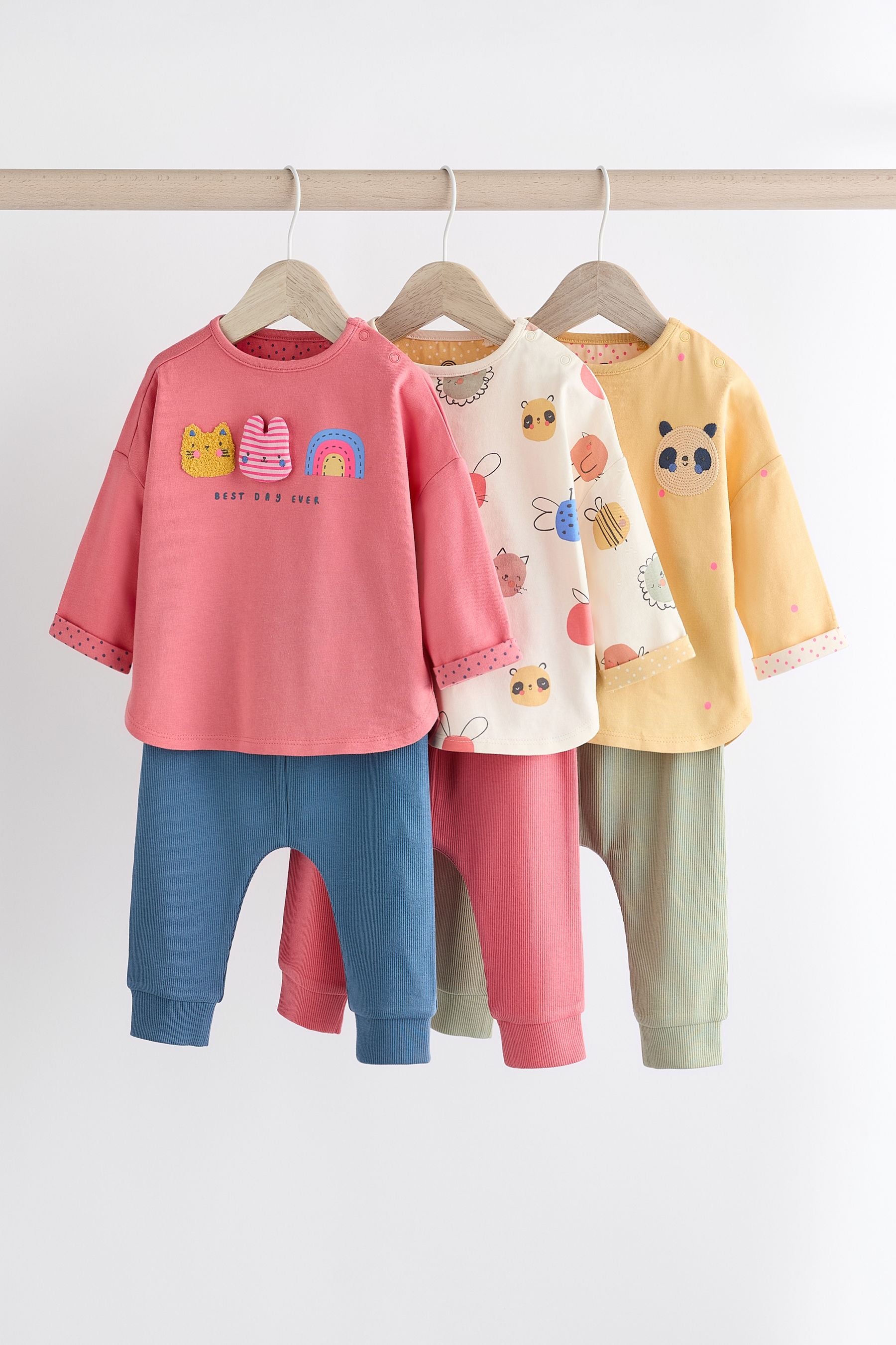 Coral Pink/Yellow Character Baby Long Sleeve Top And Leggings Set 6 Piece