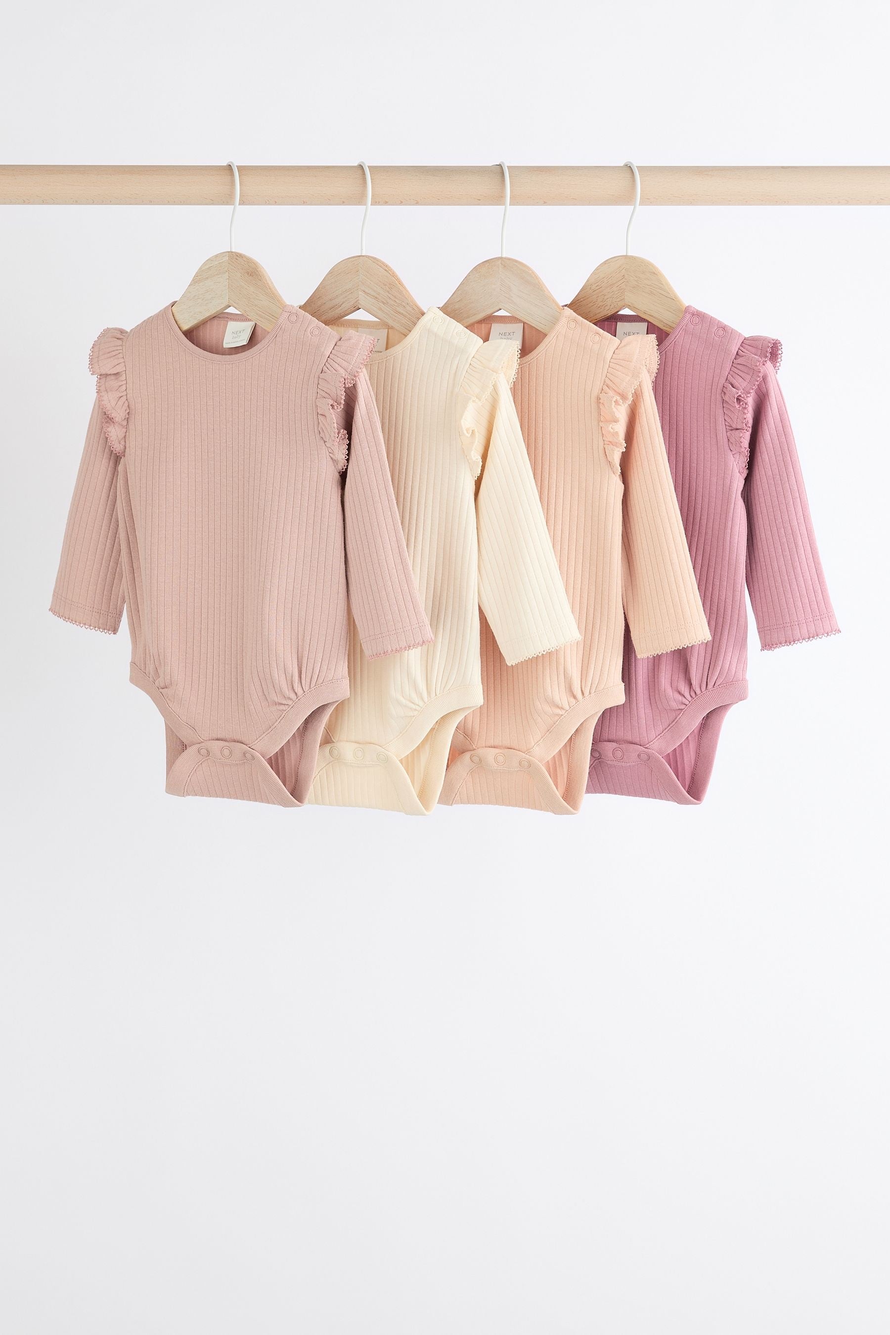 Pink/Cream Baby Long Sleeve Frill Bodysuits 4 Pack