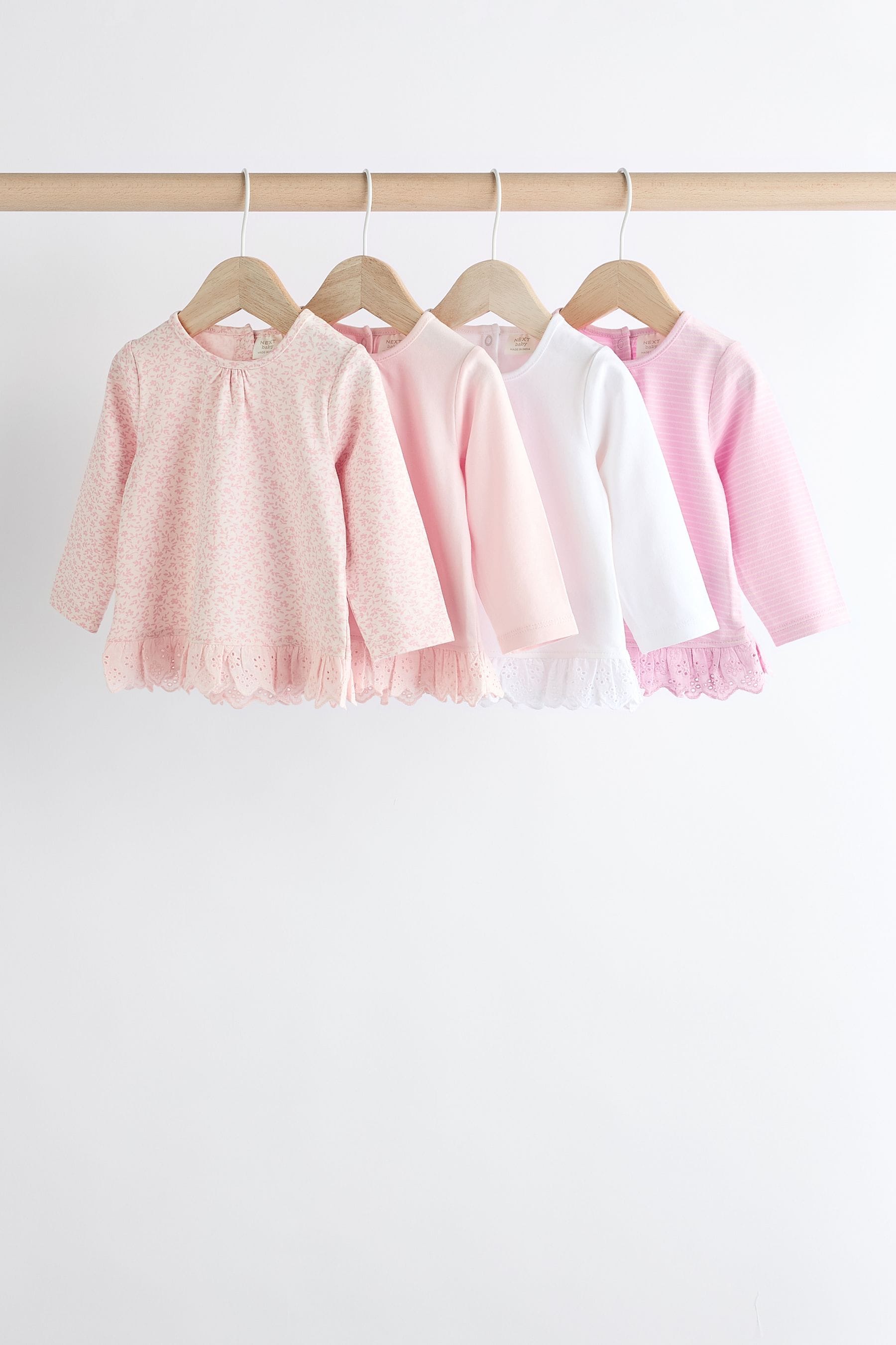 Pink/ White Stripe/ Plain Baby Long Sleeve Tops 4 Pack