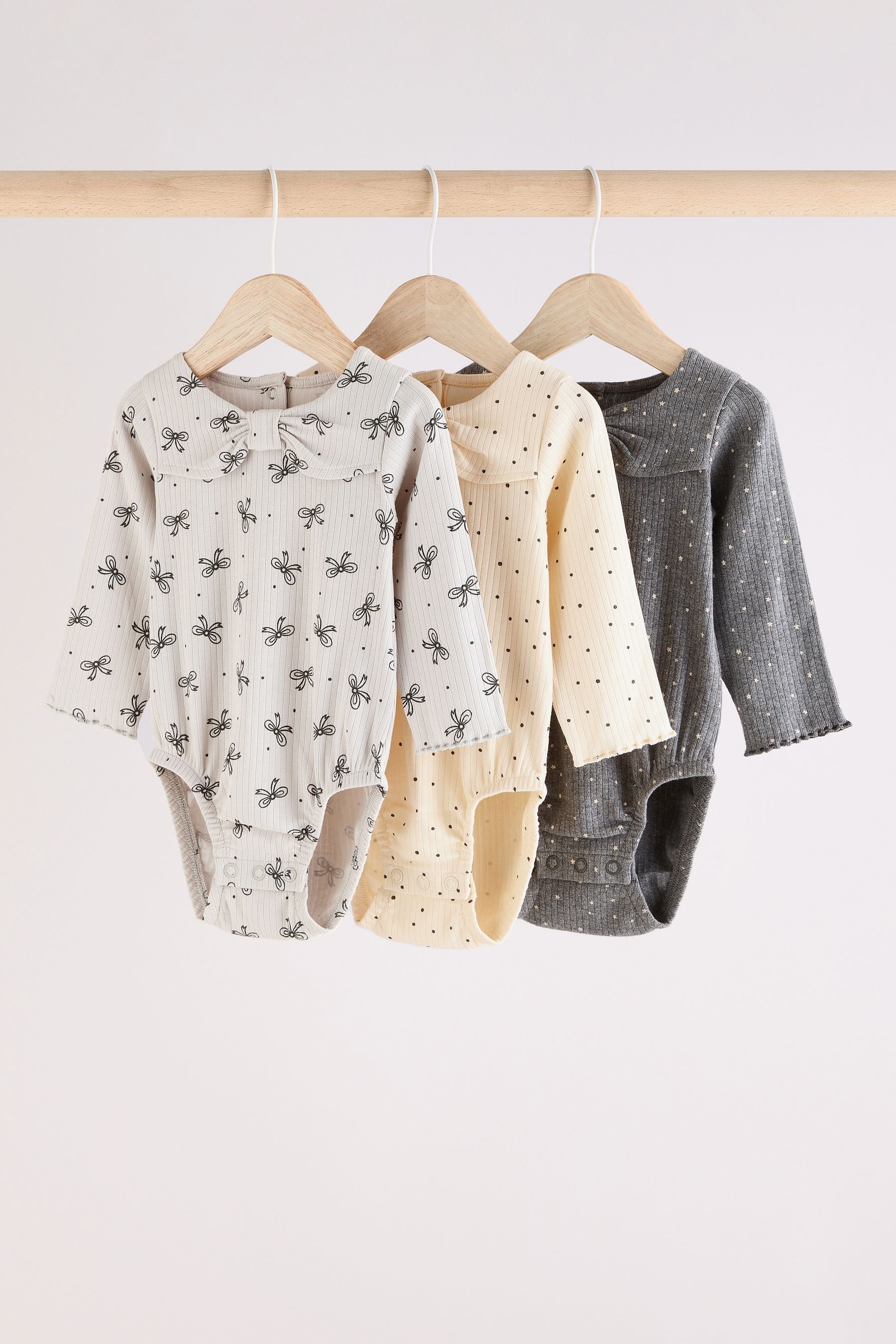 Grey Bow Neckline Baby Long Sleeve Bodysuits 3 Pack