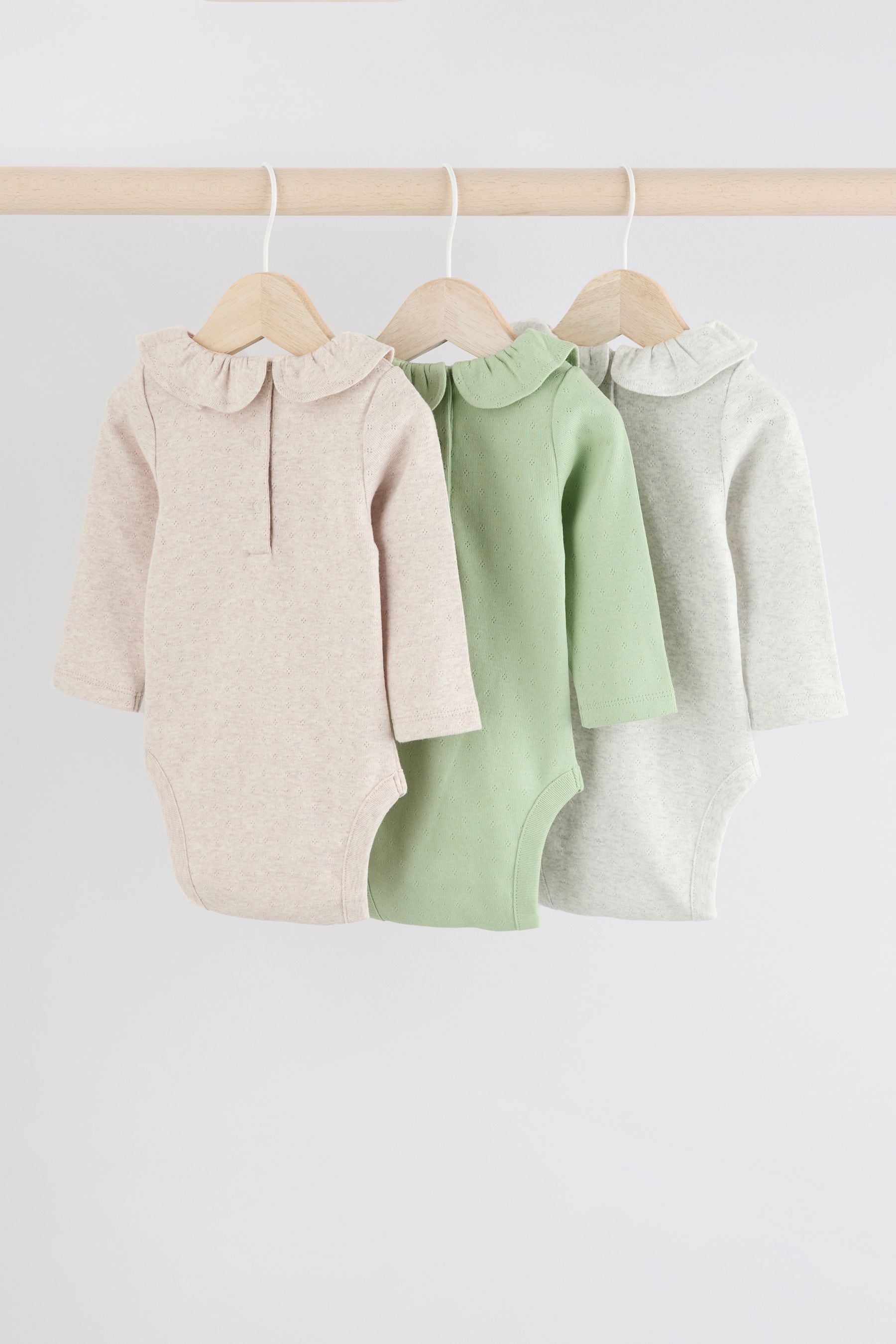 Sage Green/ White/ Grey Pointelle Baby Long Sleeve Bodysuits 3 Pack