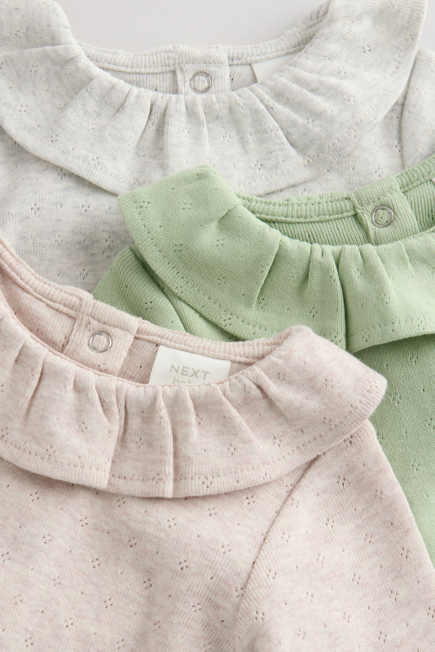 Sage Green/ White/ Grey Pointelle Baby Long Sleeve Bodysuits 3 Pack