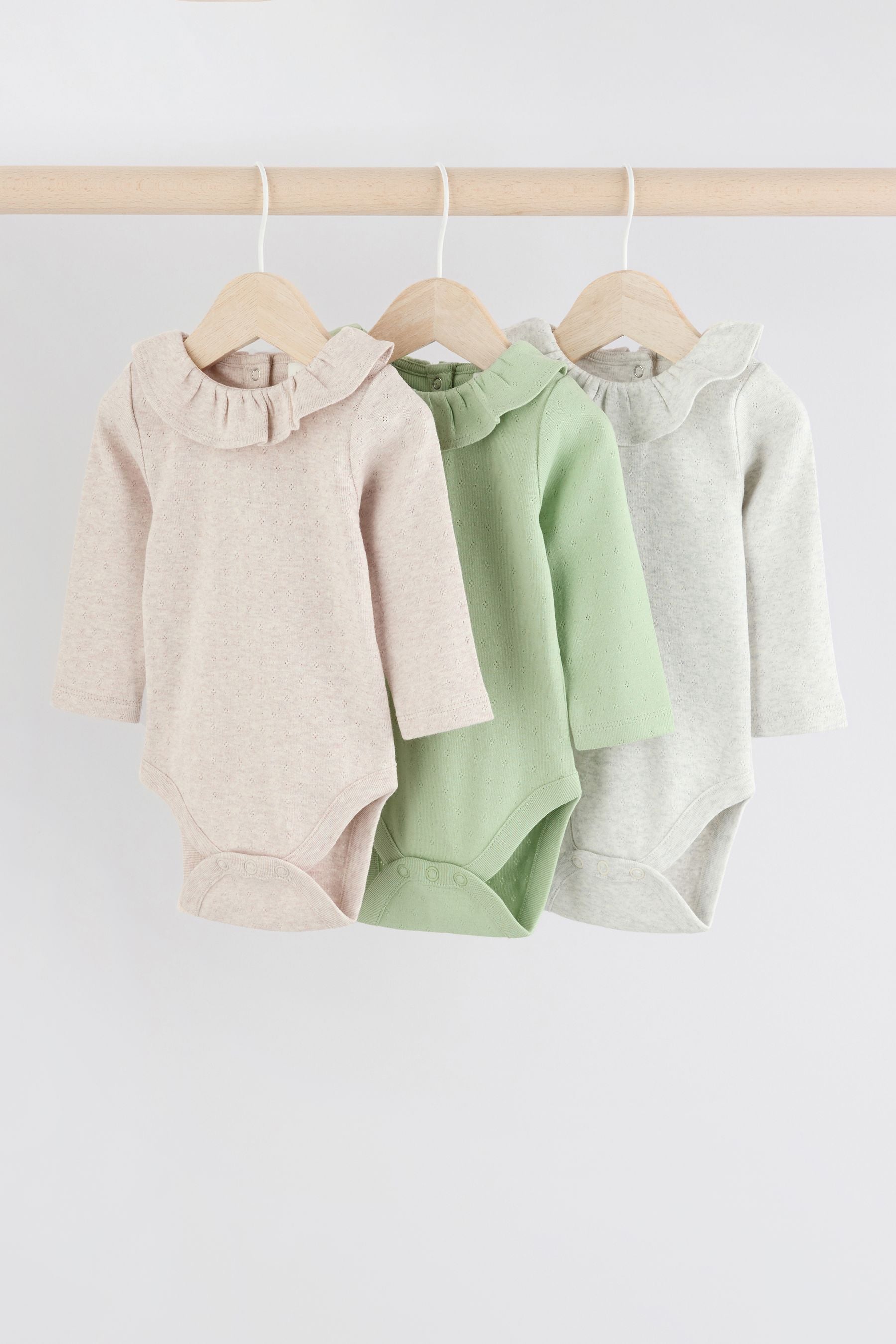 Sage Green/ White/ Grey Pointelle Baby Long Sleeve Bodysuits 3 Pack