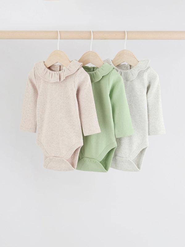 Sage Green/ White/ Grey Pointelle Baby Long Sleeve 100% Cotton Bodysuits 3 Pack