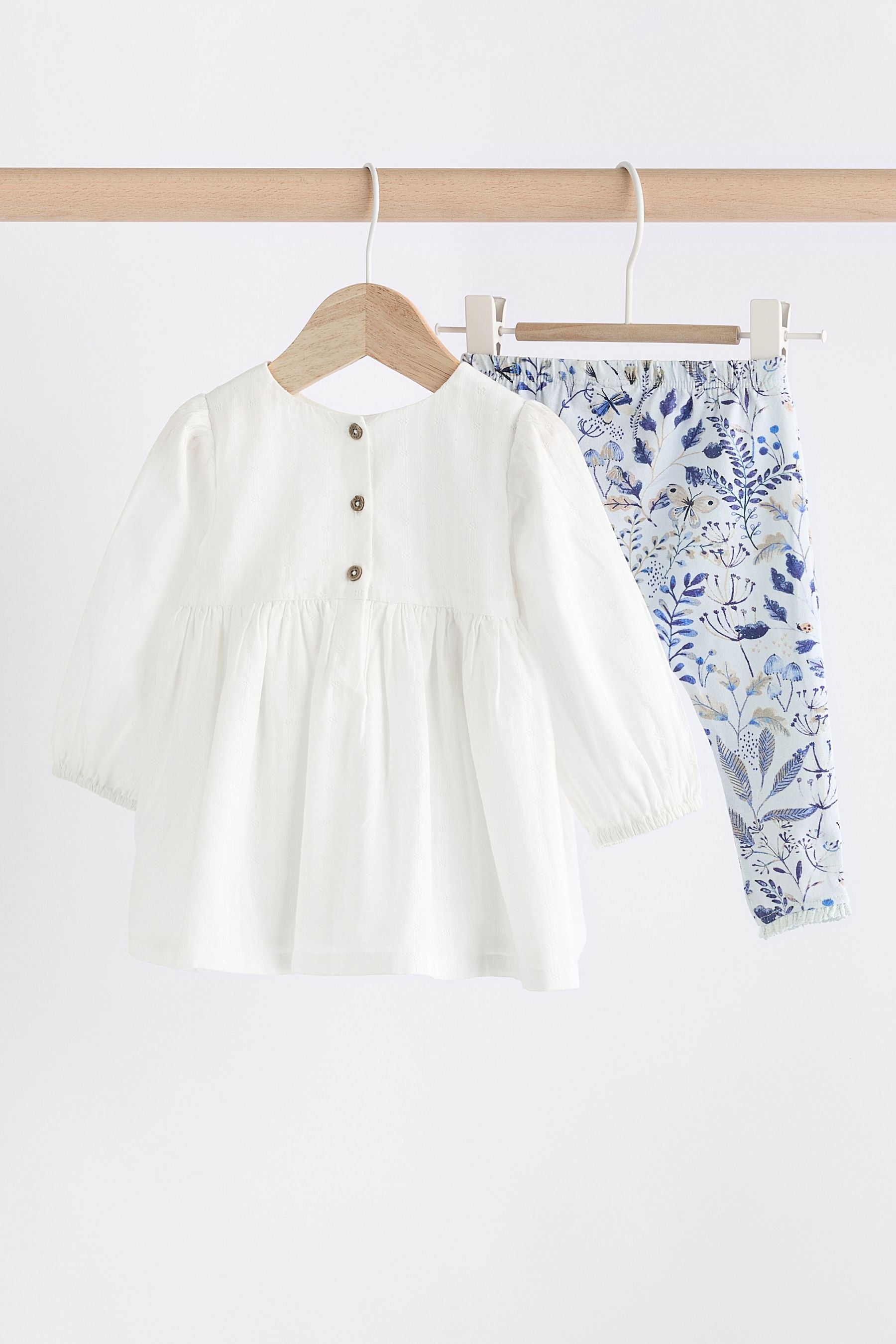 White/Blue Embroidered 2 Piece Baby Woven Blouse & Leggings Set