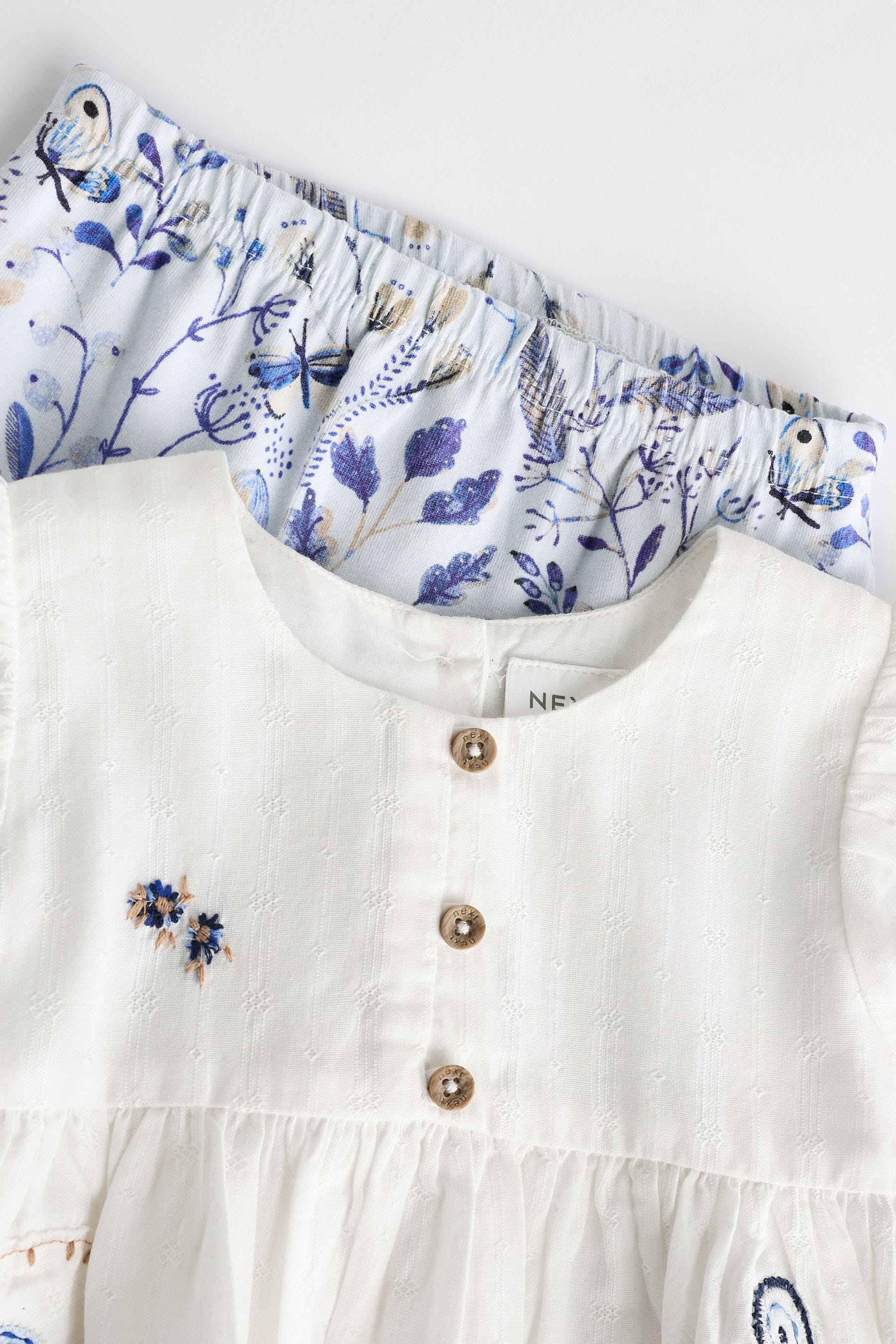 White/Blue Embroidered 2 Piece Baby Woven Blouse & Leggings Set