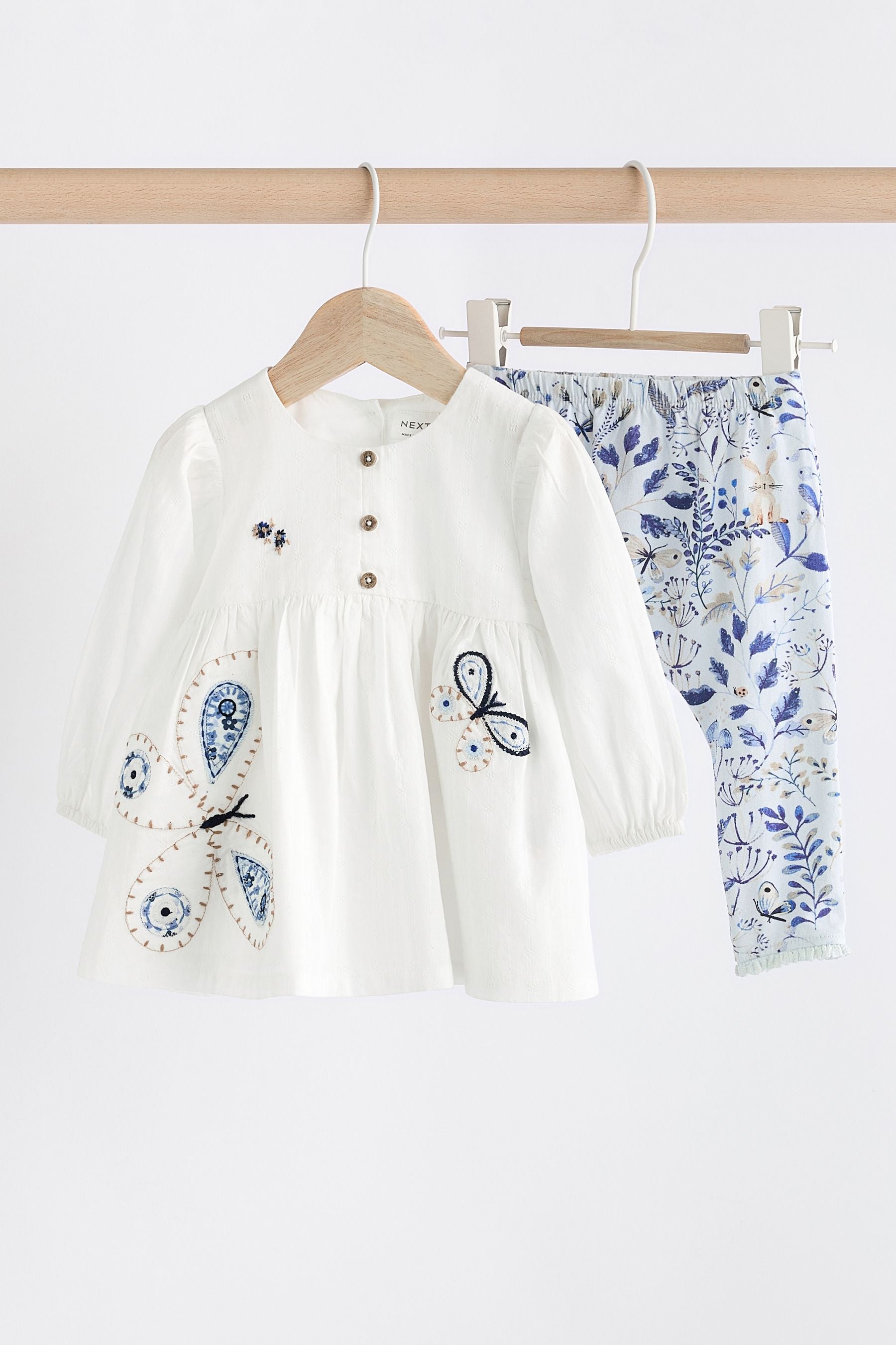 White/Blue Embroidered 2 Piece Baby Woven Blouse & Leggings Set