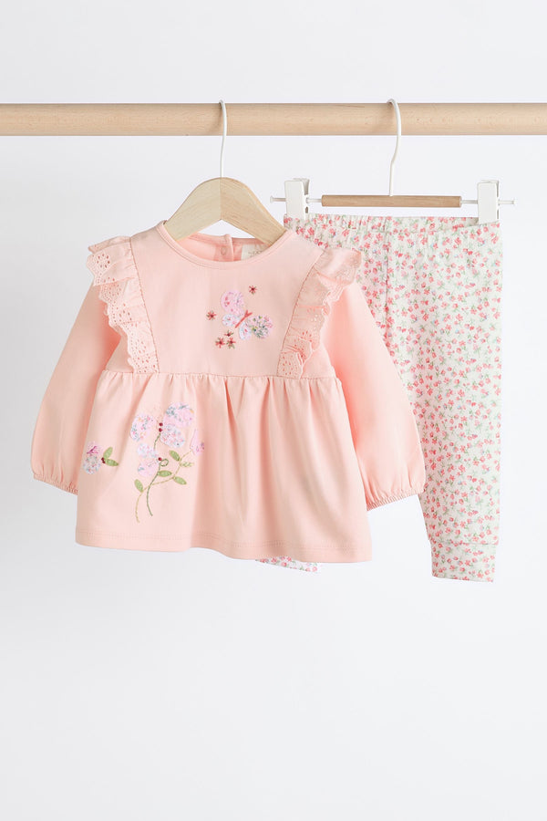 Pink Floral Baby Long Sleeve Top And Leggings Set