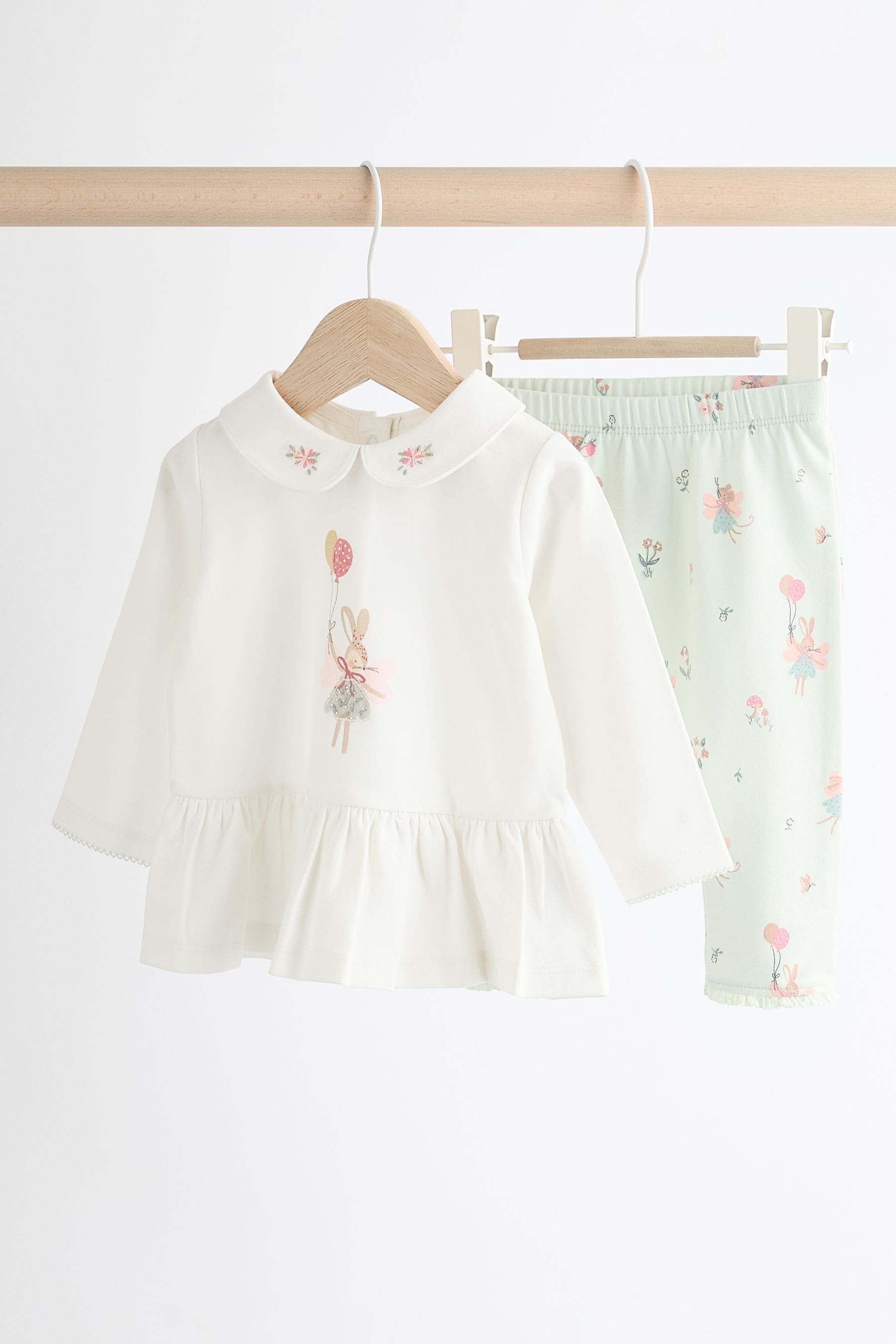 Ecru/Teal Green Bunny Baby 100% Cotton Long Sleeve Top And Leggings Set