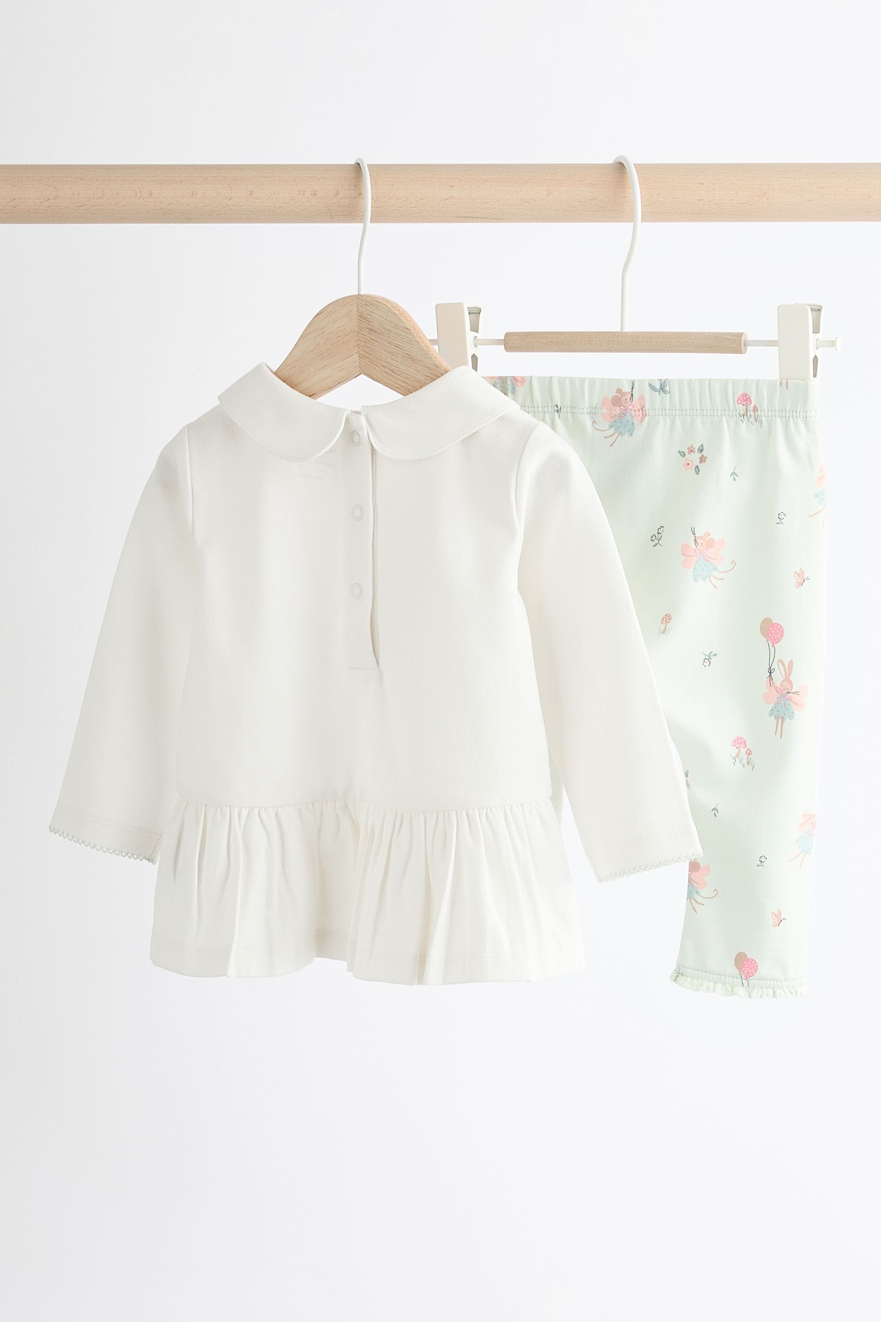 Ecru/Teal Green Bunny Baby Long Sleeve Top And Leggings Set