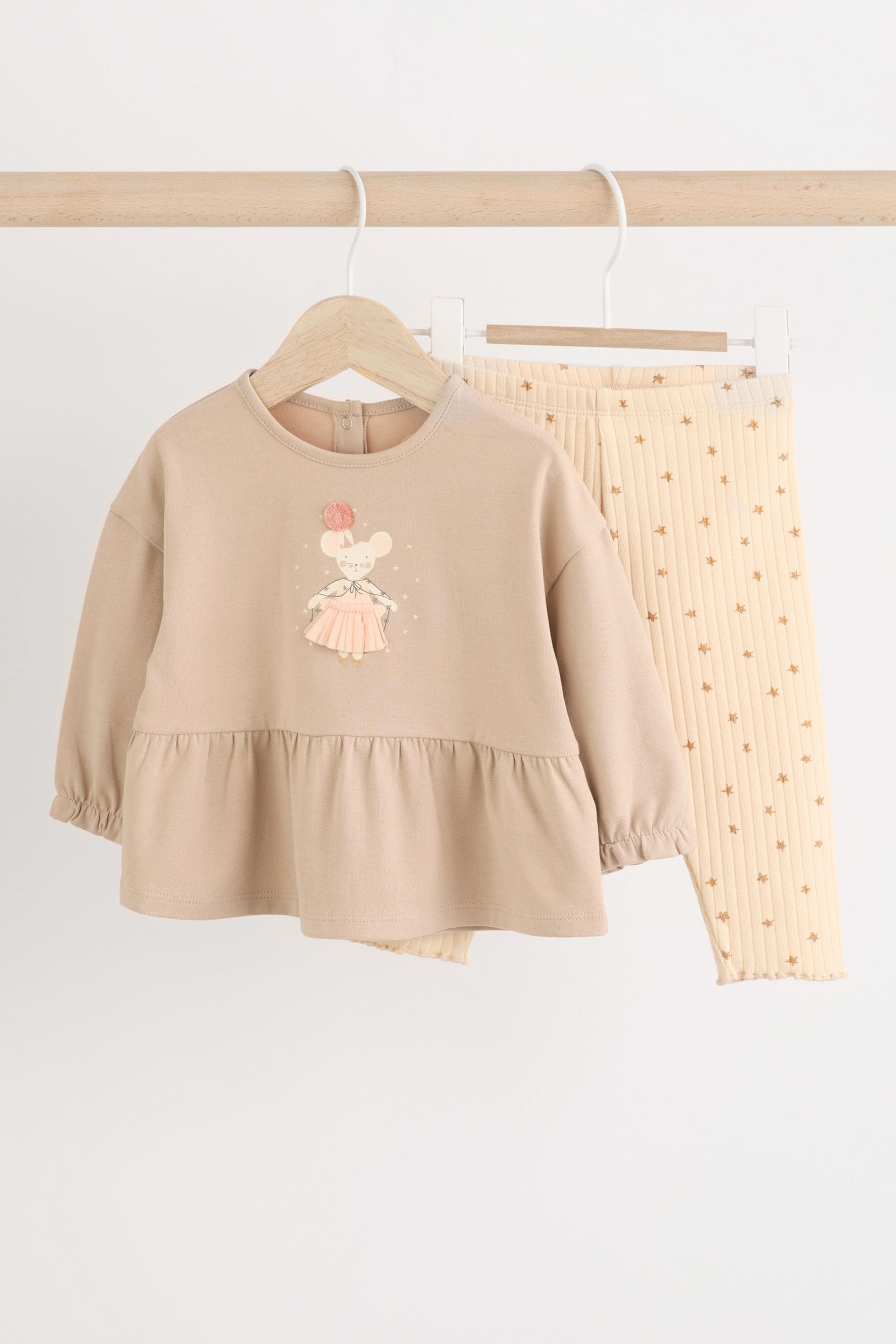 Chocolate Brown Ballerina Mouse Baby 100% Cotton Long Sleeve Top And Leggings Set