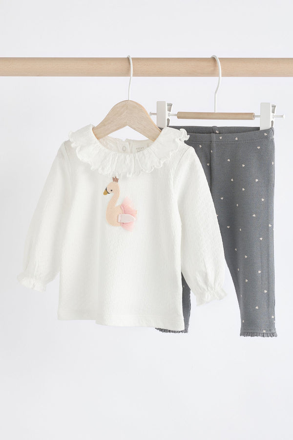 White/Charcoal Grey Swan Baby Long Sleeve Top And Leggings Set