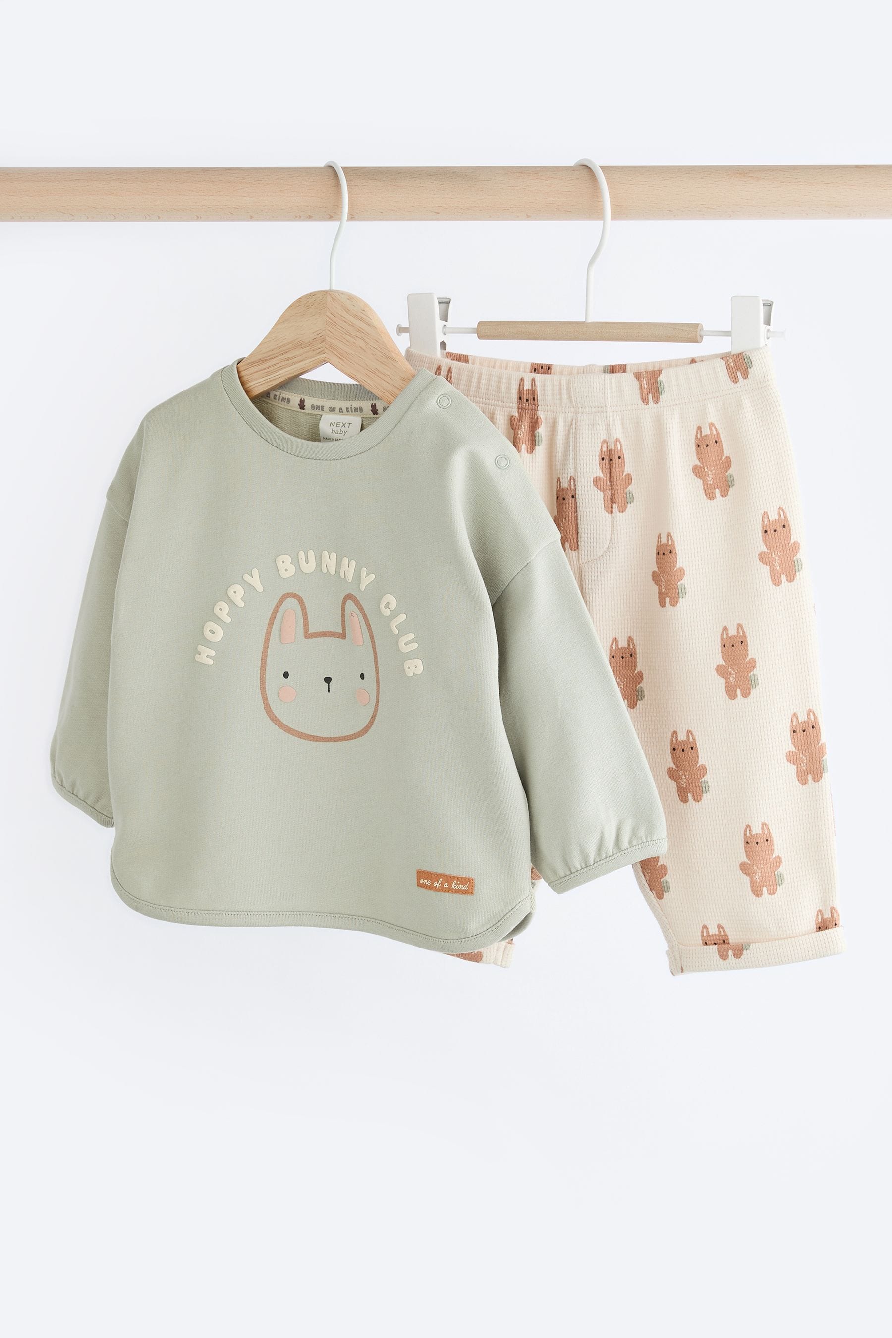 Sage Green Varsity Bunny Baby 100% Cotton Long Sleeve Top And Leggings Set