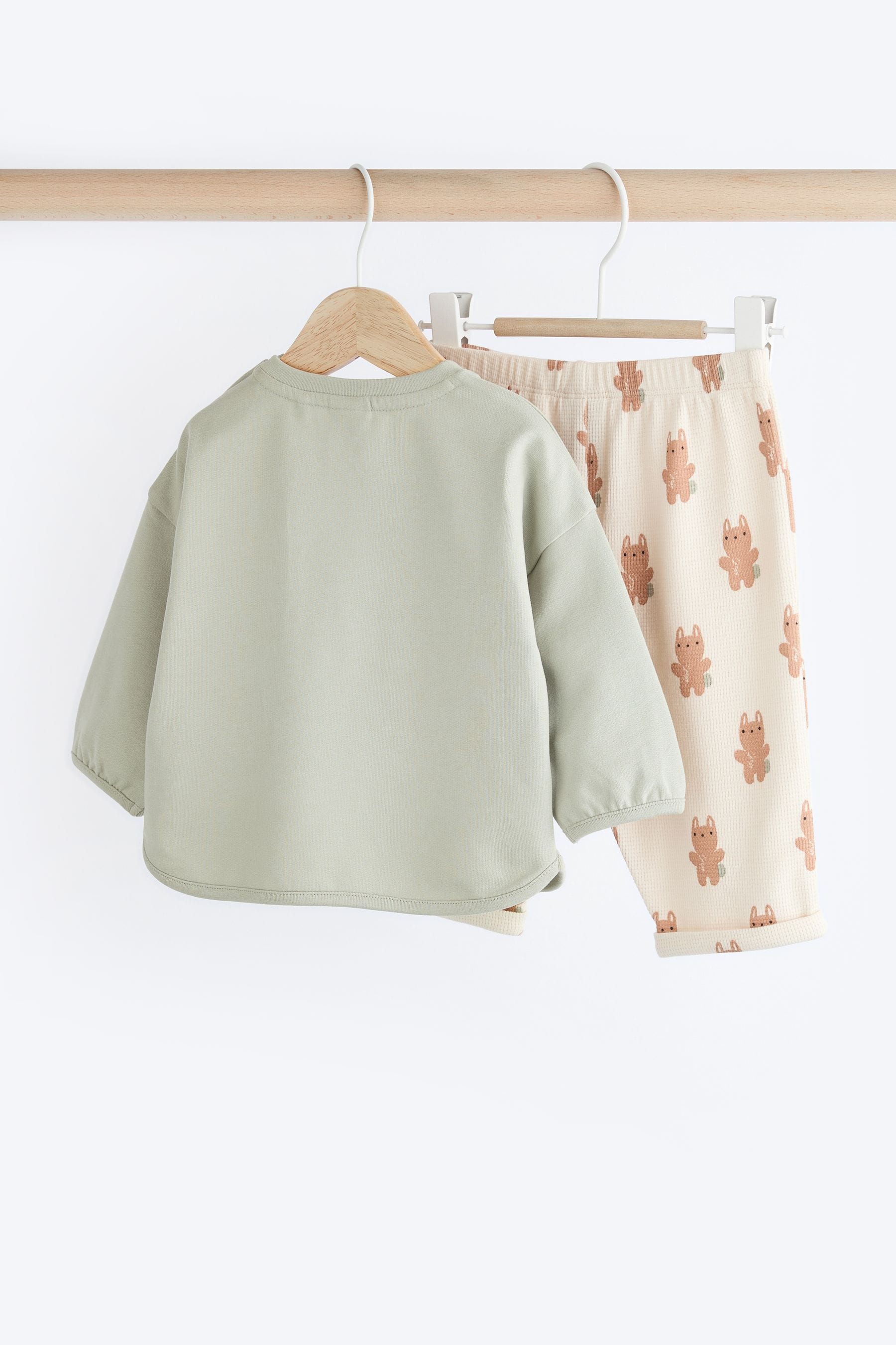 Sage Green Varsity Bunny Baby 100% Cotton Long Sleeve Top And Leggings Set