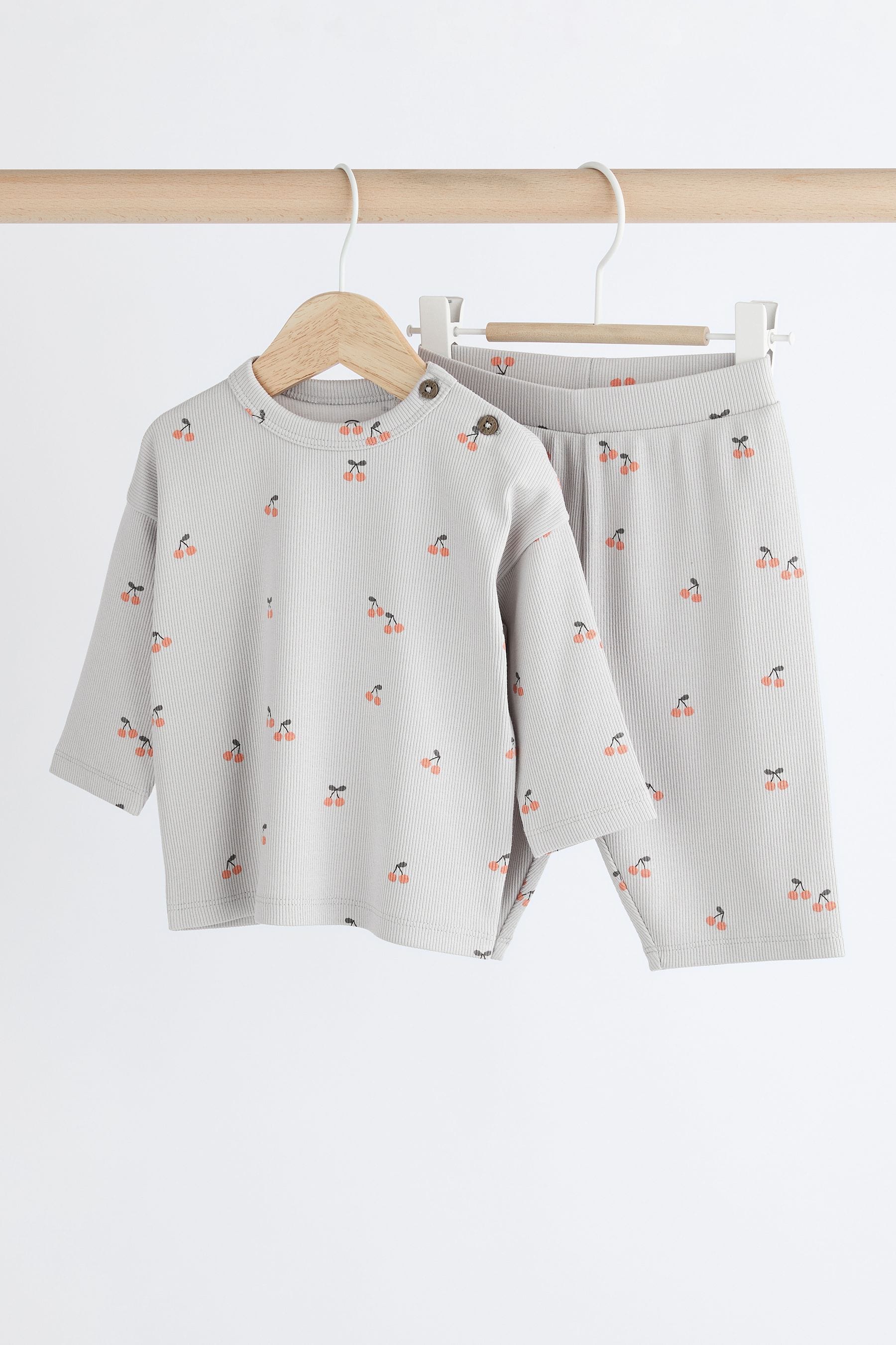 Grey Cherry Print Baby Top and Wide Leg Trousers 2 Piece Set