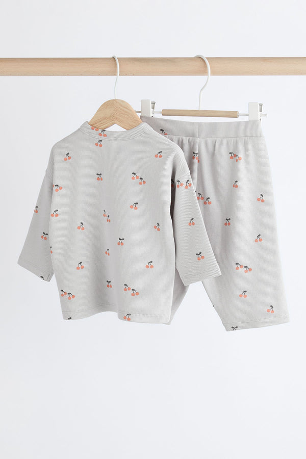 Grey Cherry Print Baby Top and Wide Leg Trousers 2 Piece Set