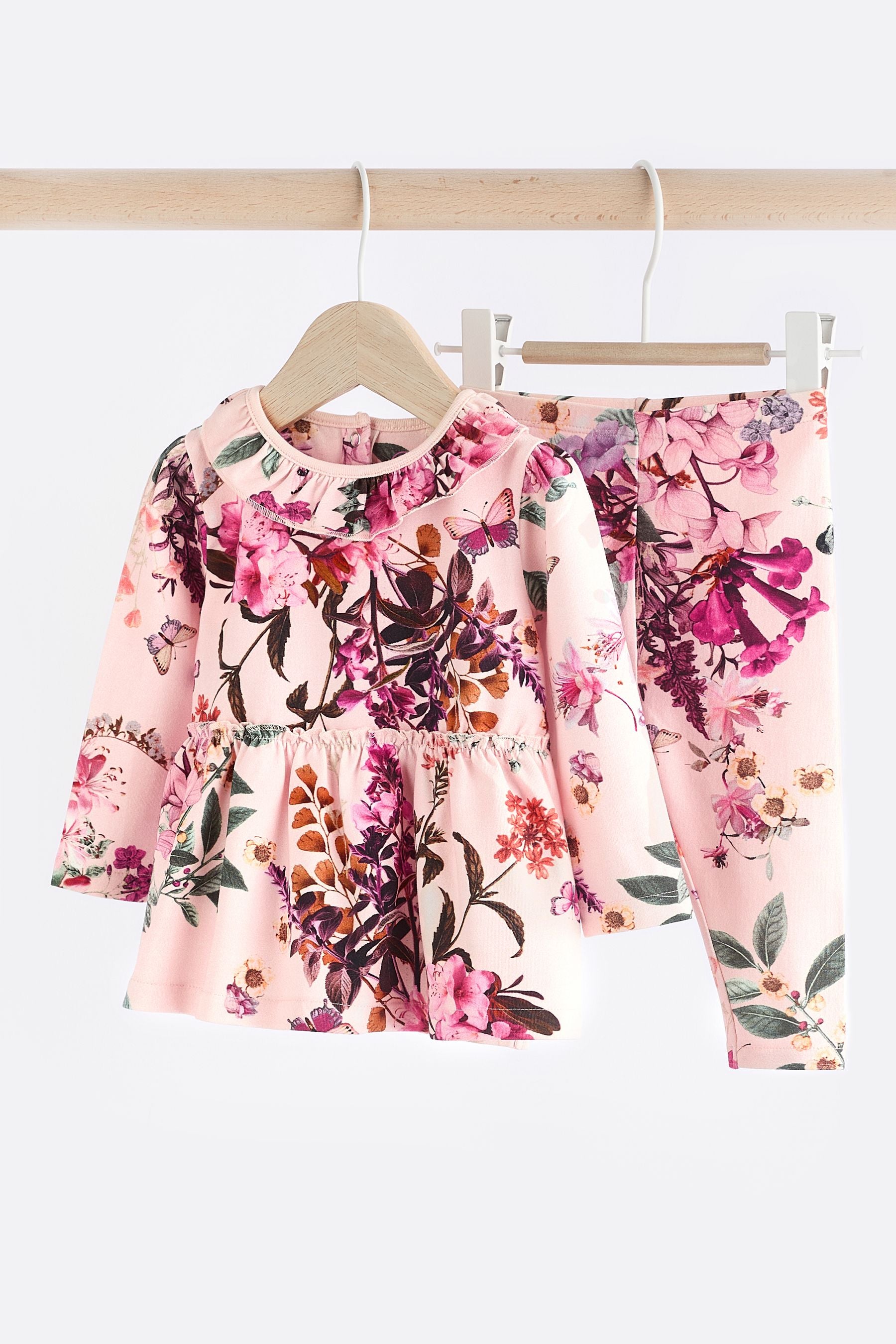 Pink Floral Baby Long Sleeve Frill Top And Leggings Set