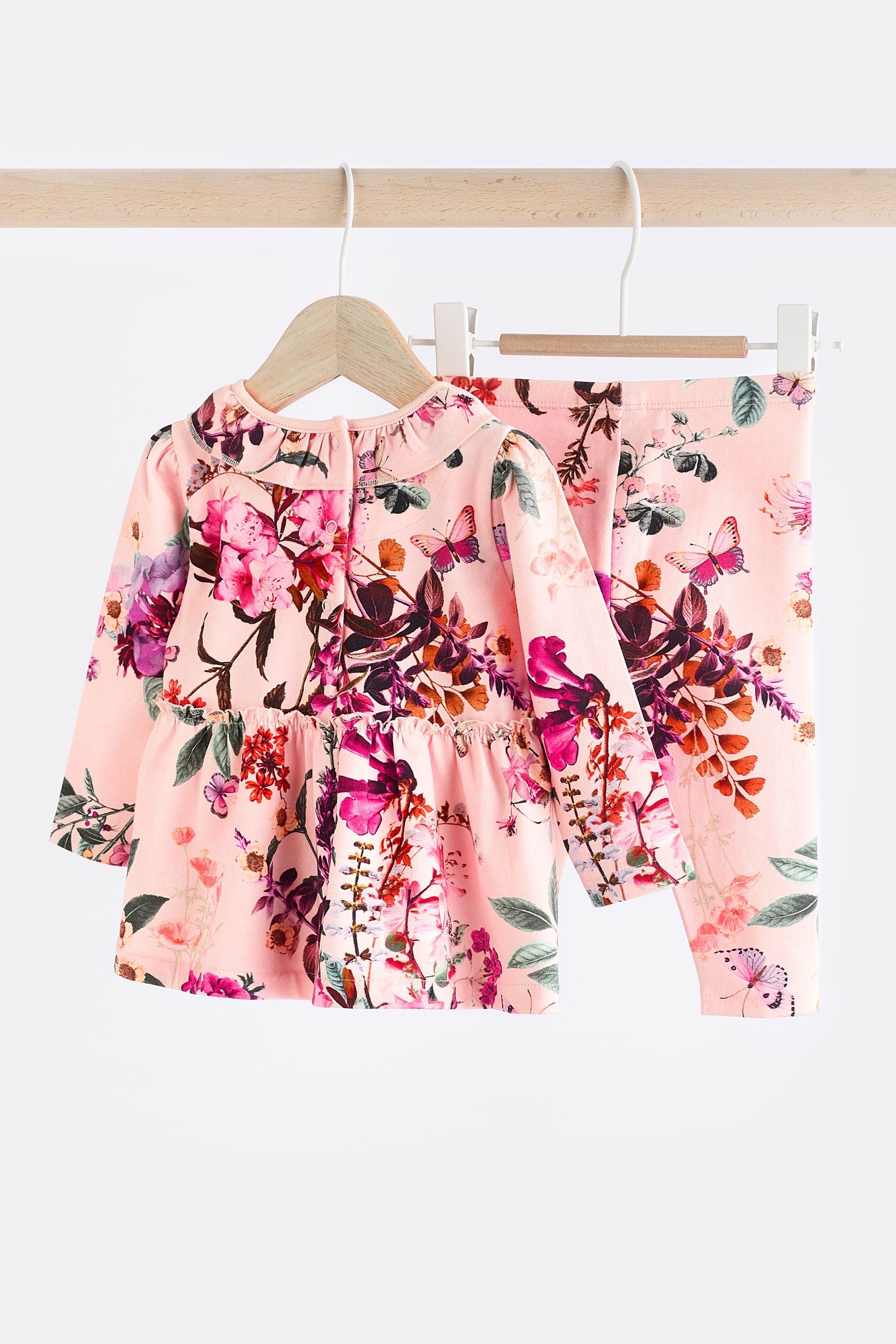 Pink Floral Baby Long Sleeve Frill Top And Leggings Set