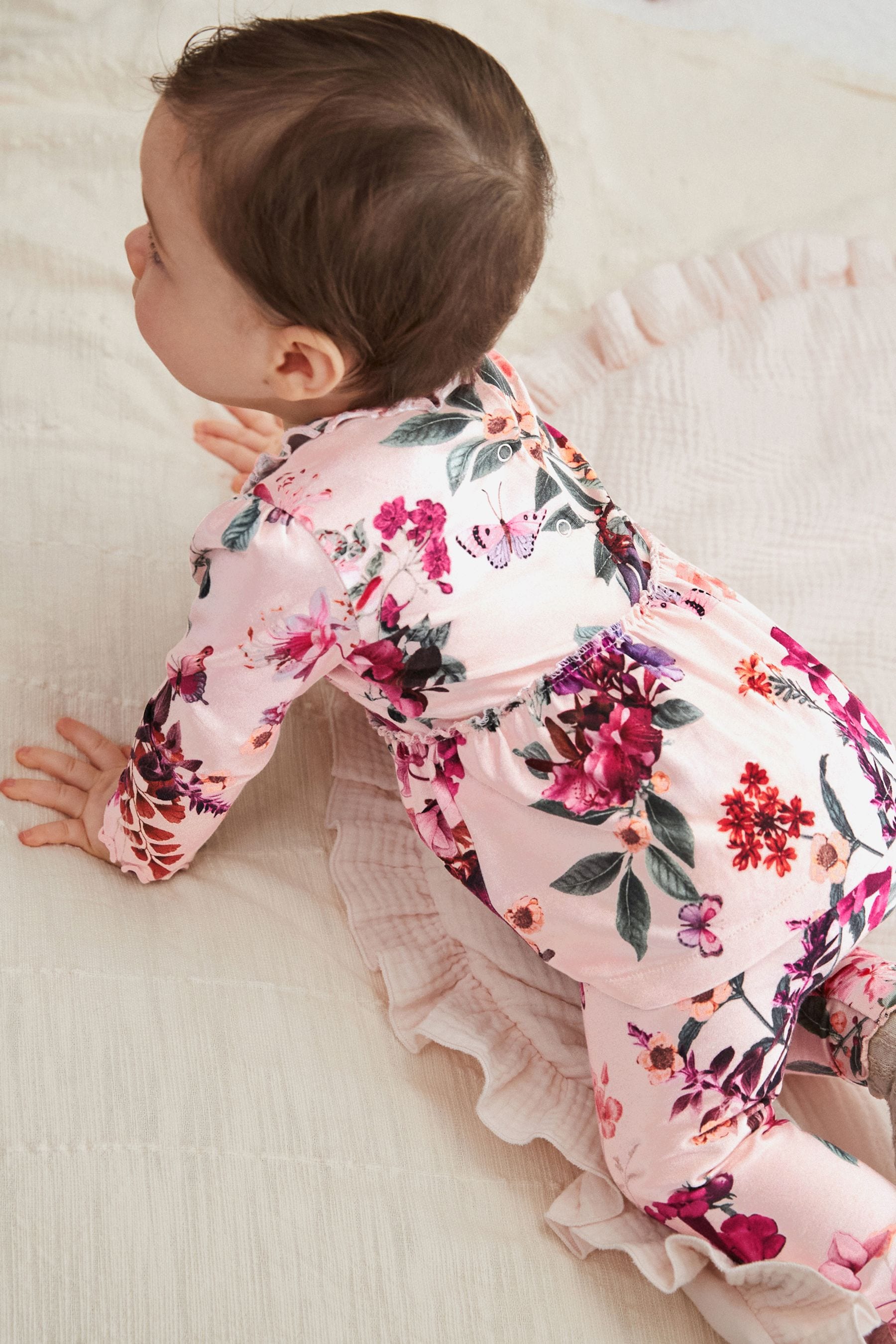 Pink Floral Baby Long Sleeve Frill Top And Leggings Set