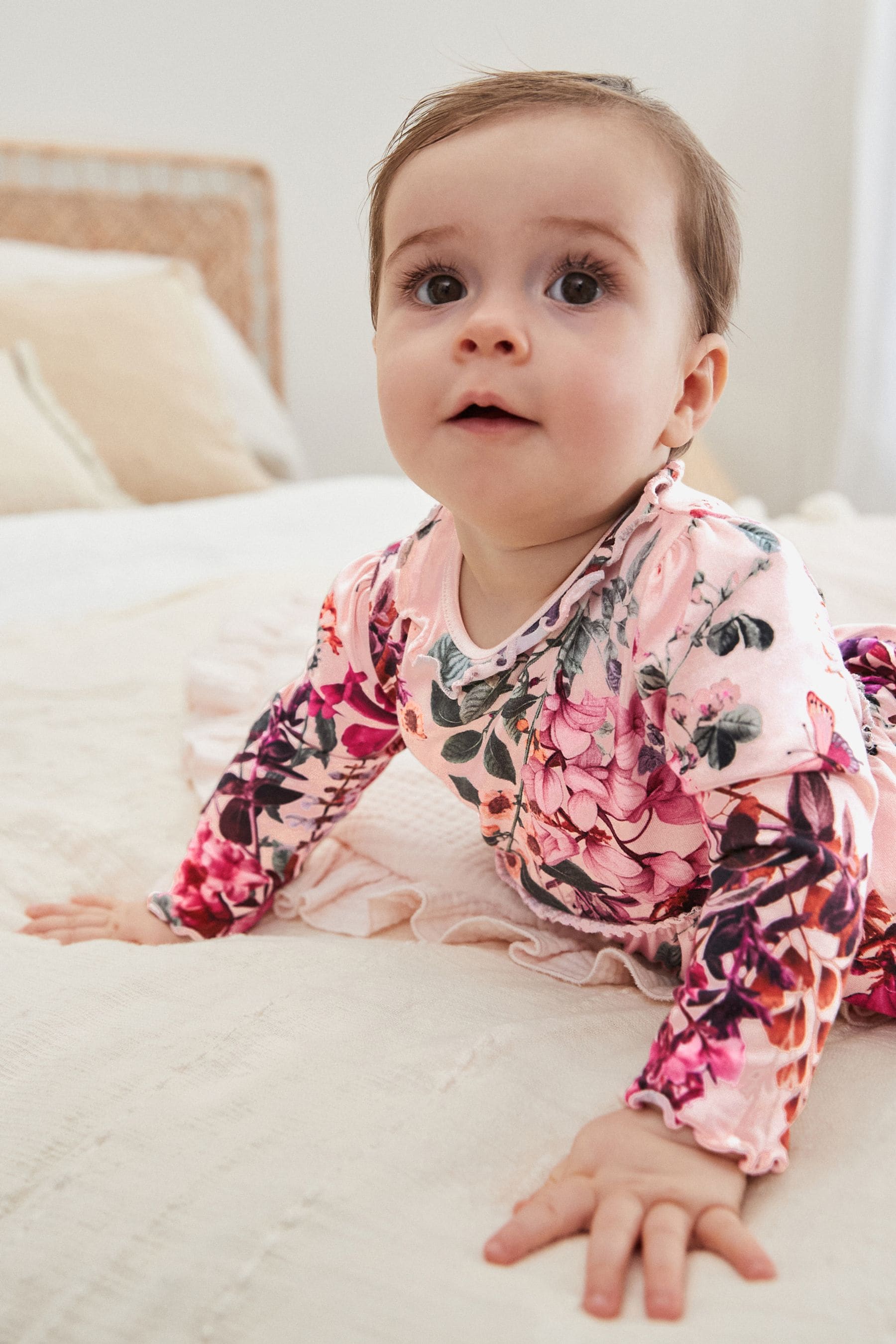 Pink Floral Baby Long Sleeve Frill Top And Leggings Set