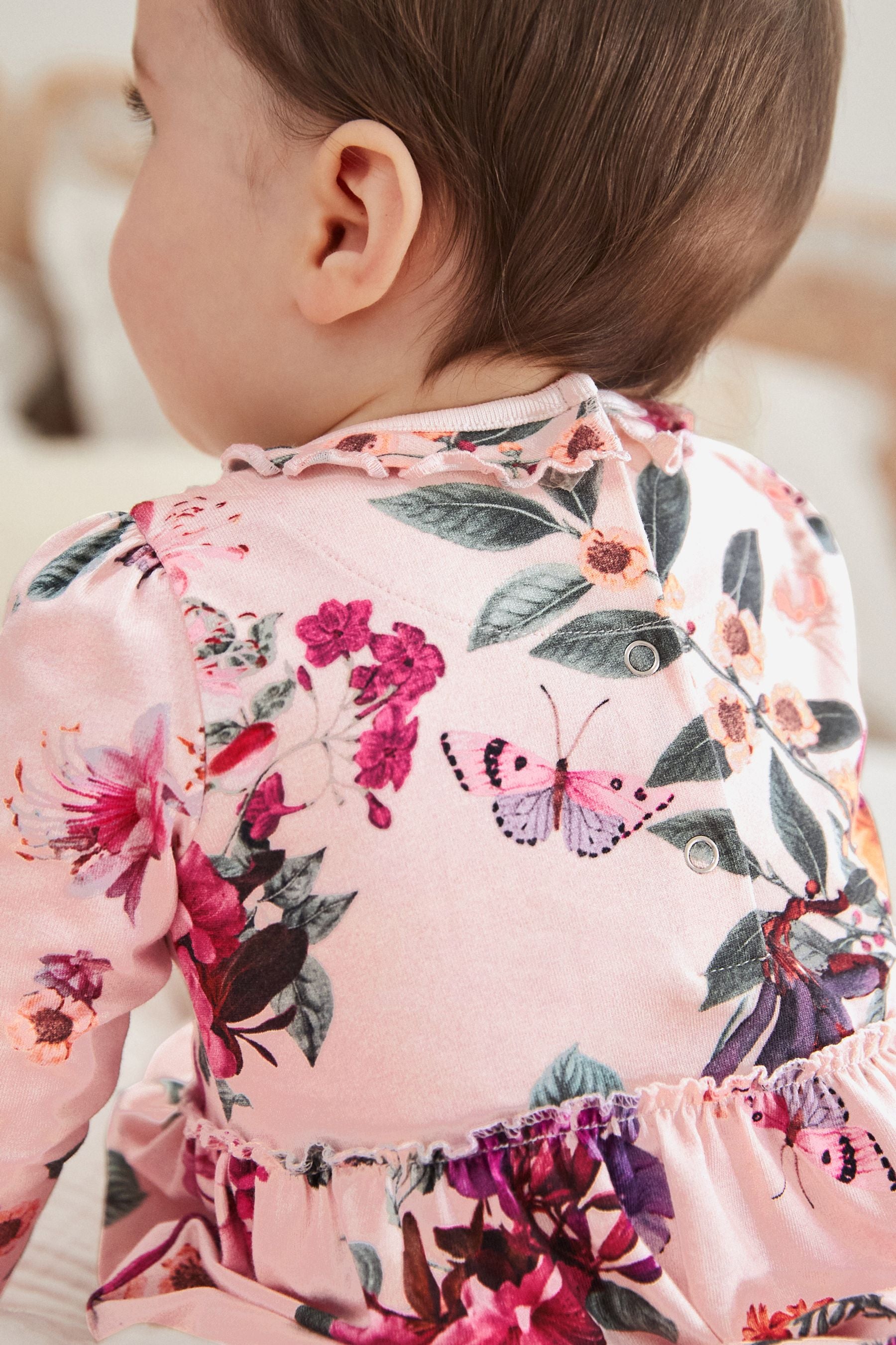 Pink Floral Baby Long Sleeve Frill Top And Leggings Set