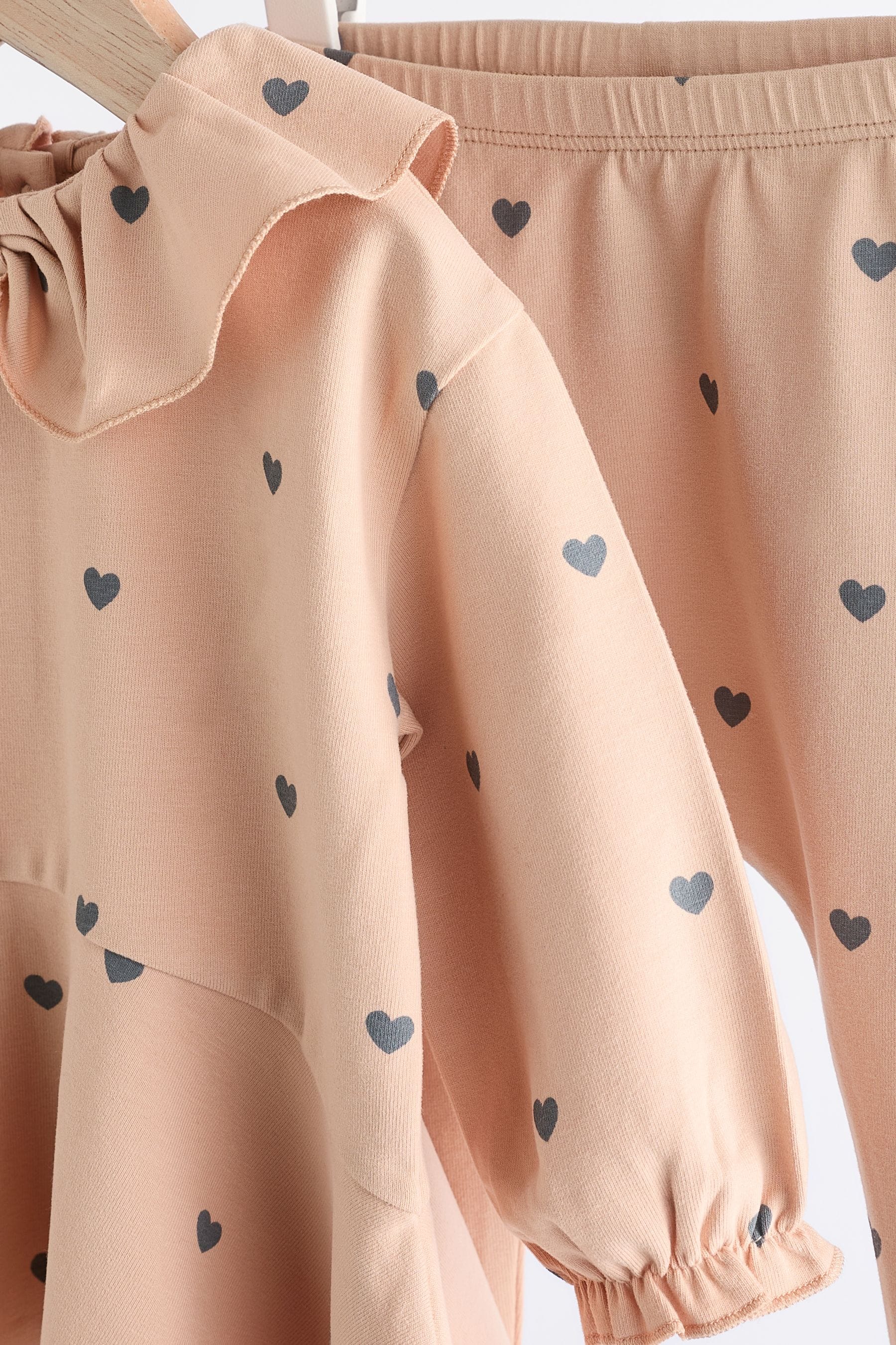 Beige Heart Print Baby Long Sleeve Frill Top And Leggings Set