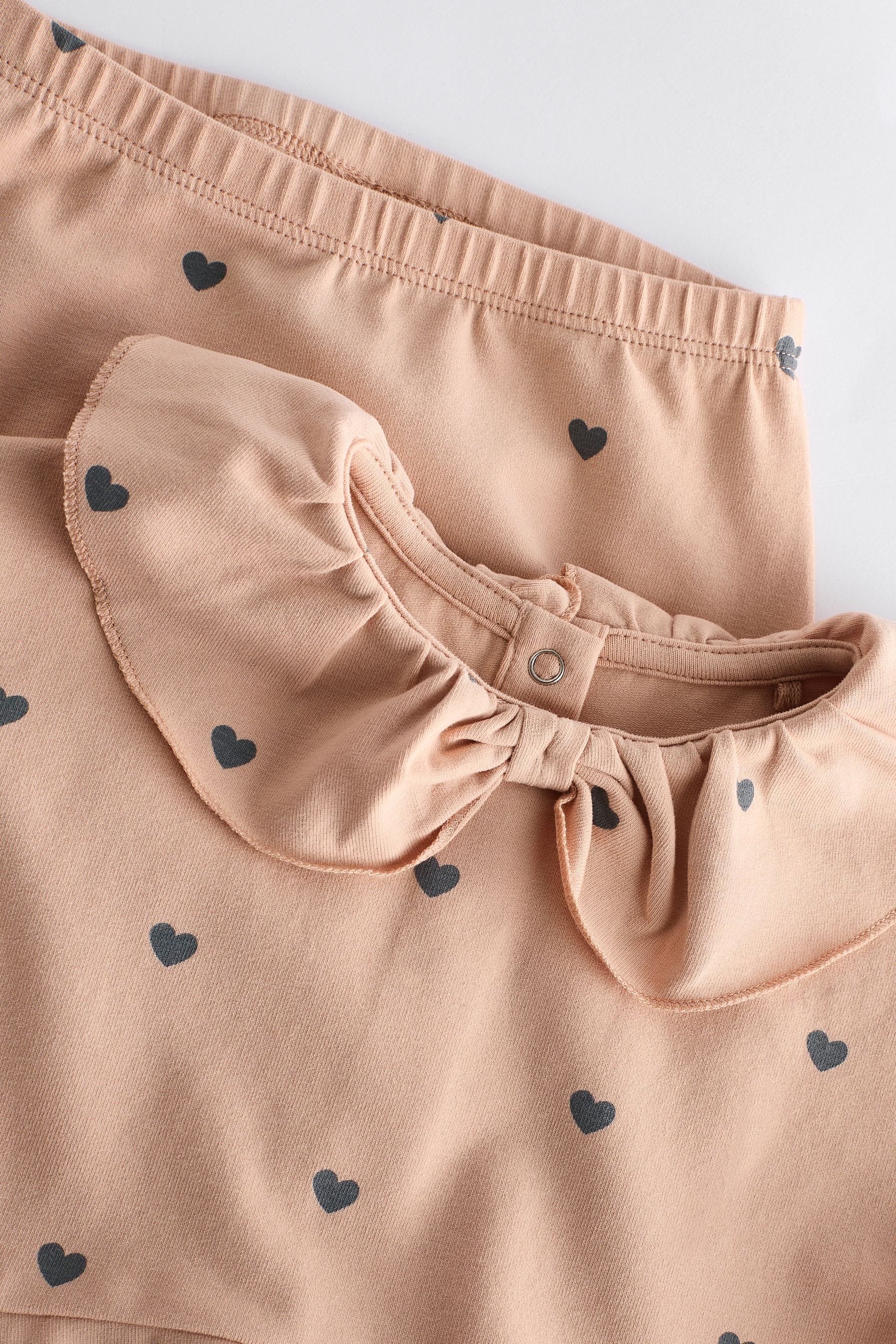 Beige Heart Print Baby Long Sleeve Frill Top And Leggings Set