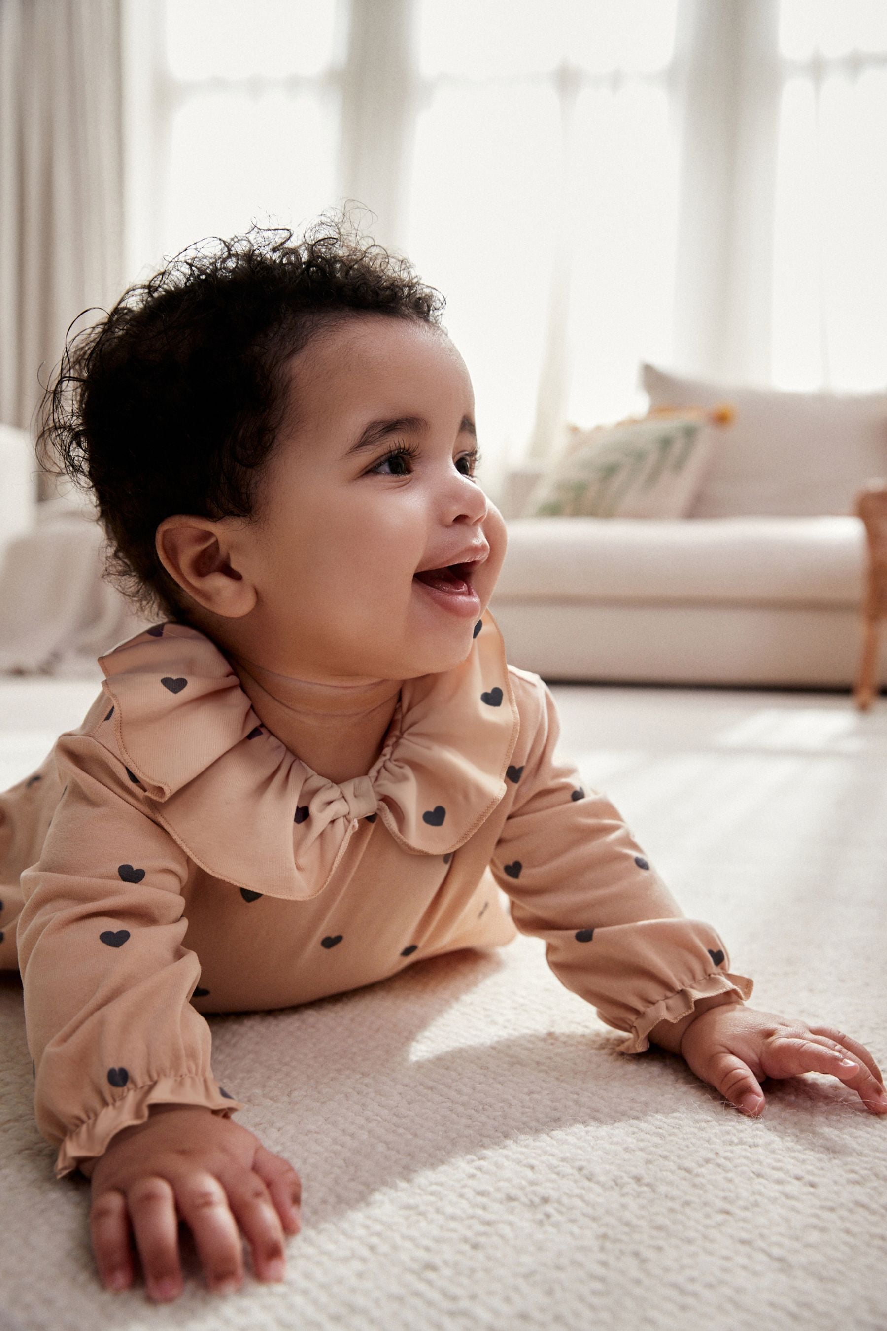 Beige Heart Print Baby Long Sleeve Frill Top And Leggings Set