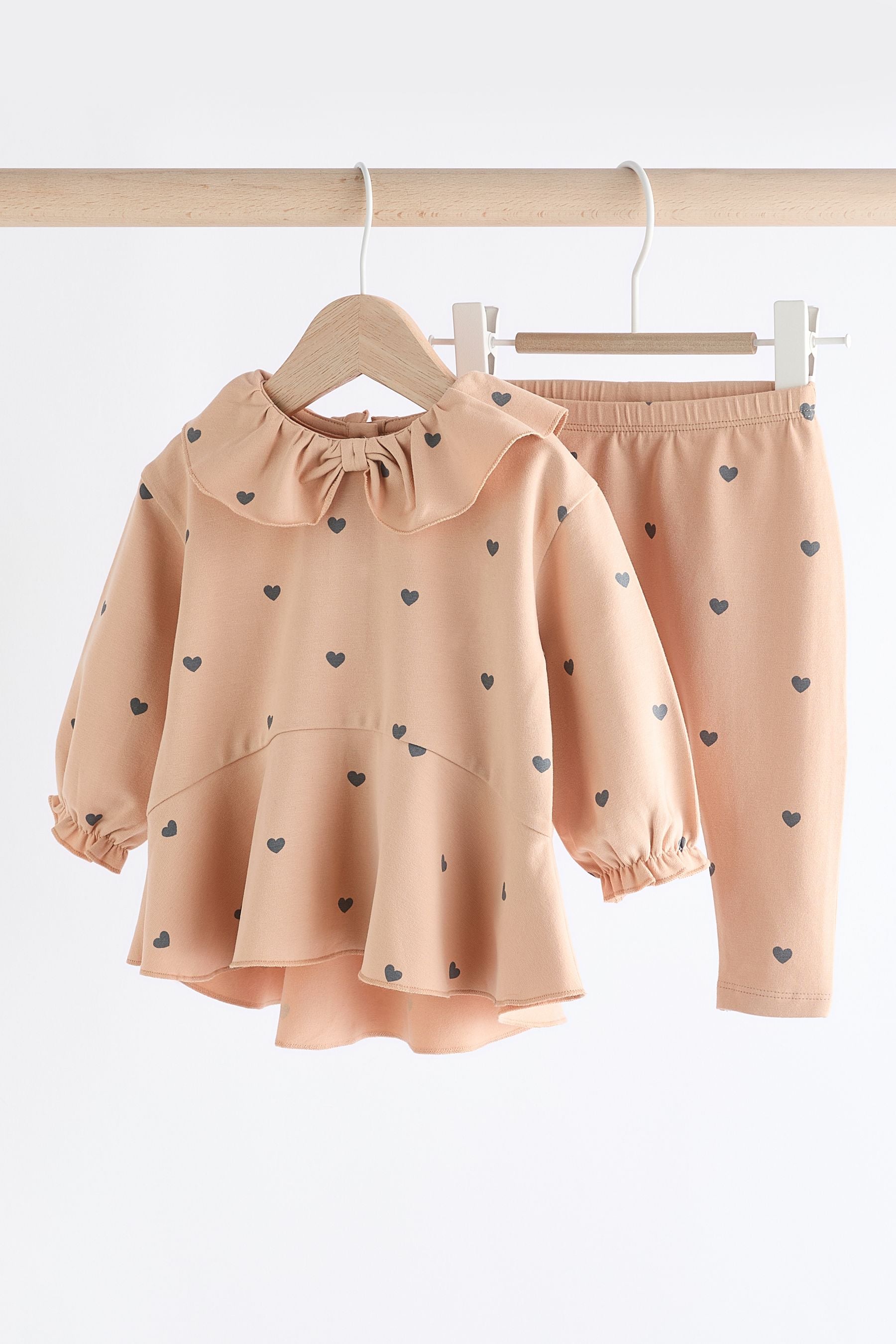 Beige Heart Print Baby Long Sleeve Frill Top And Leggings Set