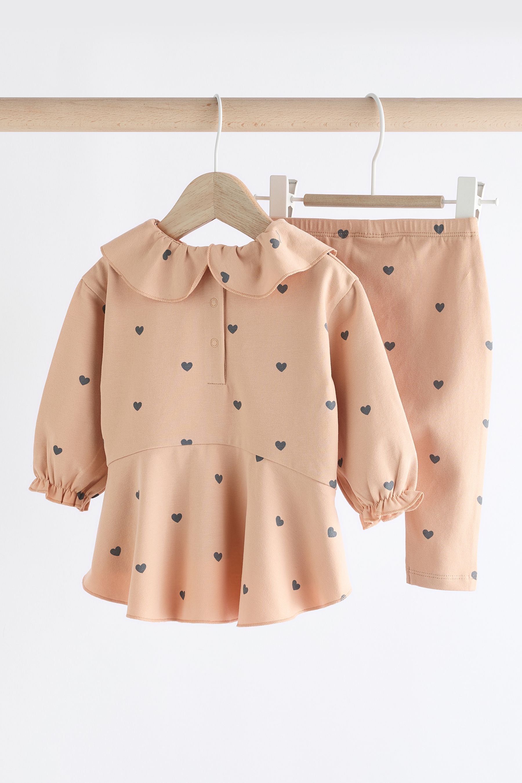 Beige Heart Print Baby Long Sleeve Frill Top And Leggings Set