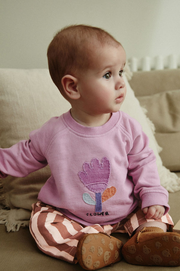 Lilac Purple Flower/ Stripe Baby 100% Cotton Sweat and Wide Leg Trousers Set