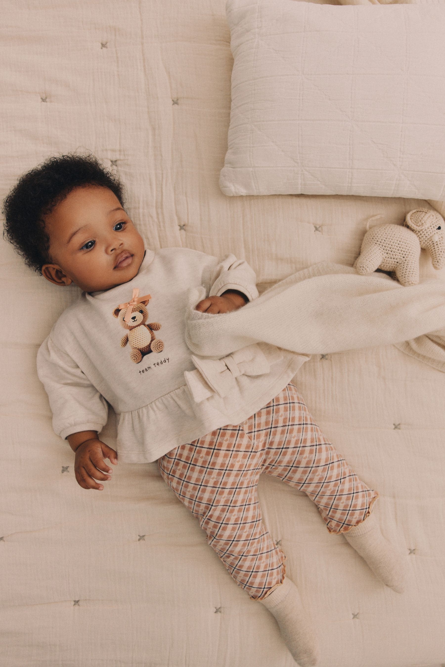 Caramel Brown Bear/ Check Baby Sweat Top And Leggings Set