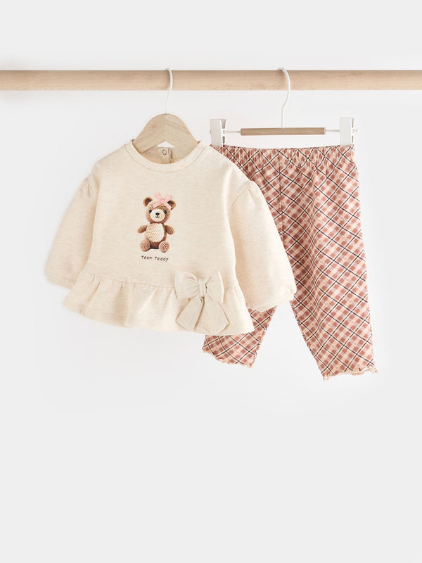 Cream/Check Baby 100% Cotton Sweatshirt And Leggings Set