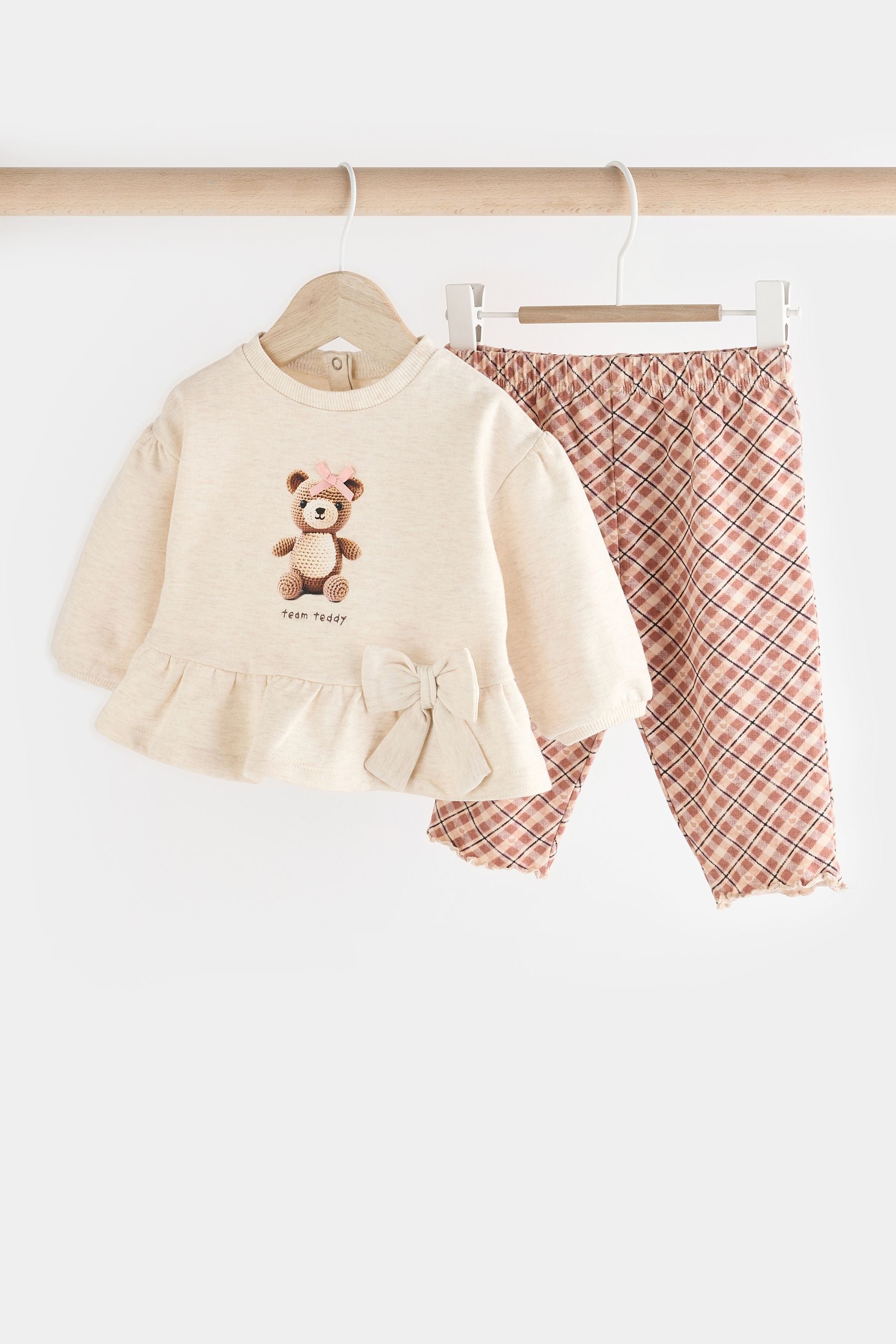 Cream/Check Baby 100% Cotton Sweatshirt And Leggings Set