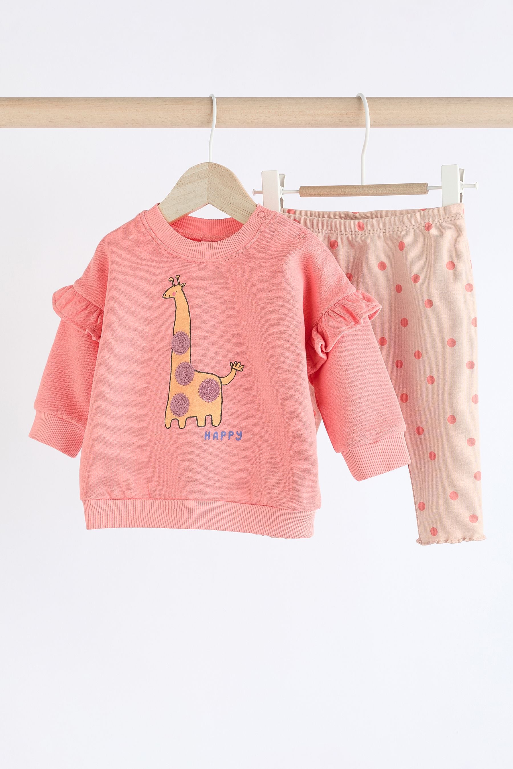 Coral Pink Giraffe Baby Sweat Top And Leggings Set