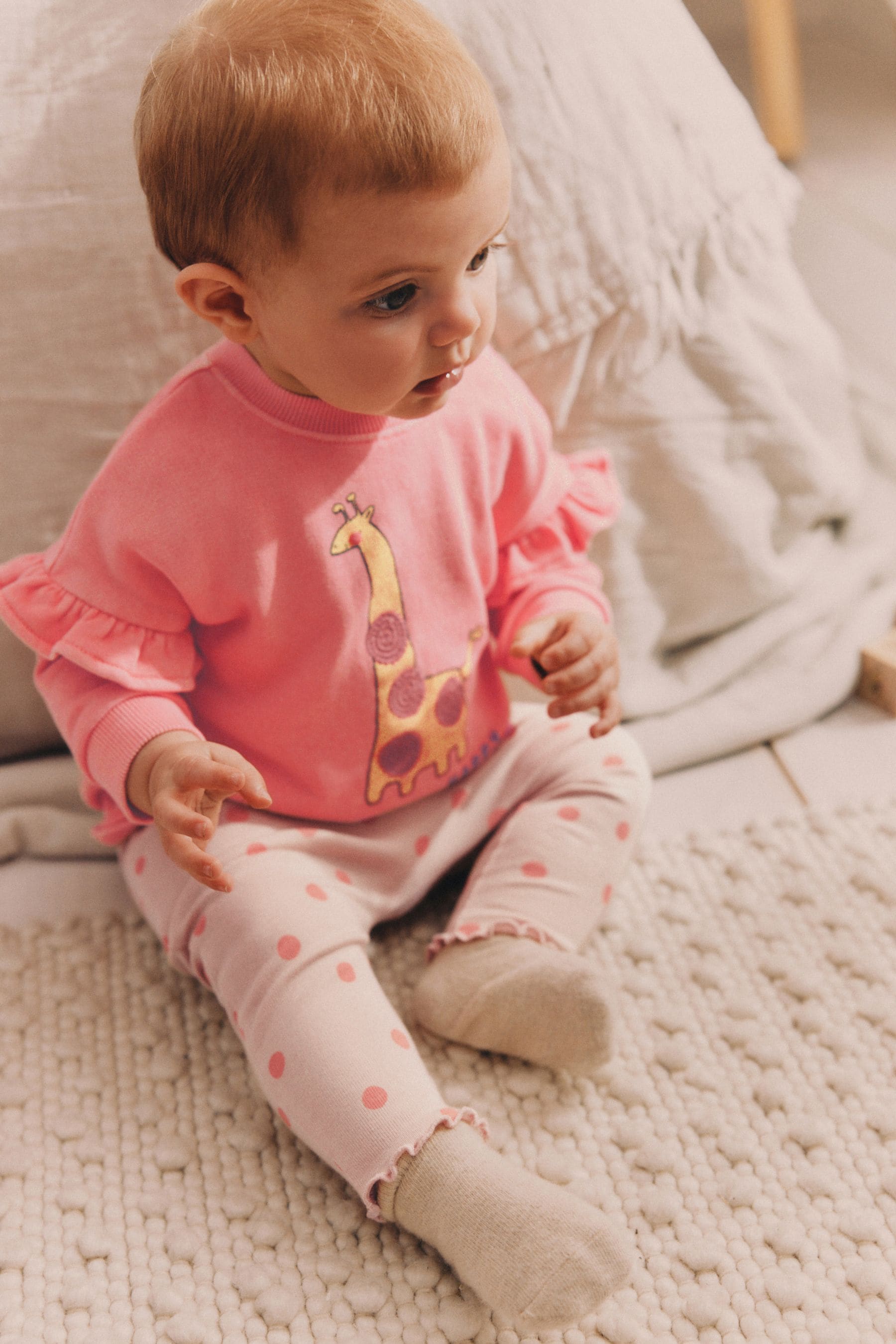 Coral Pink Giraffe Baby Sweat Top And Leggings Set