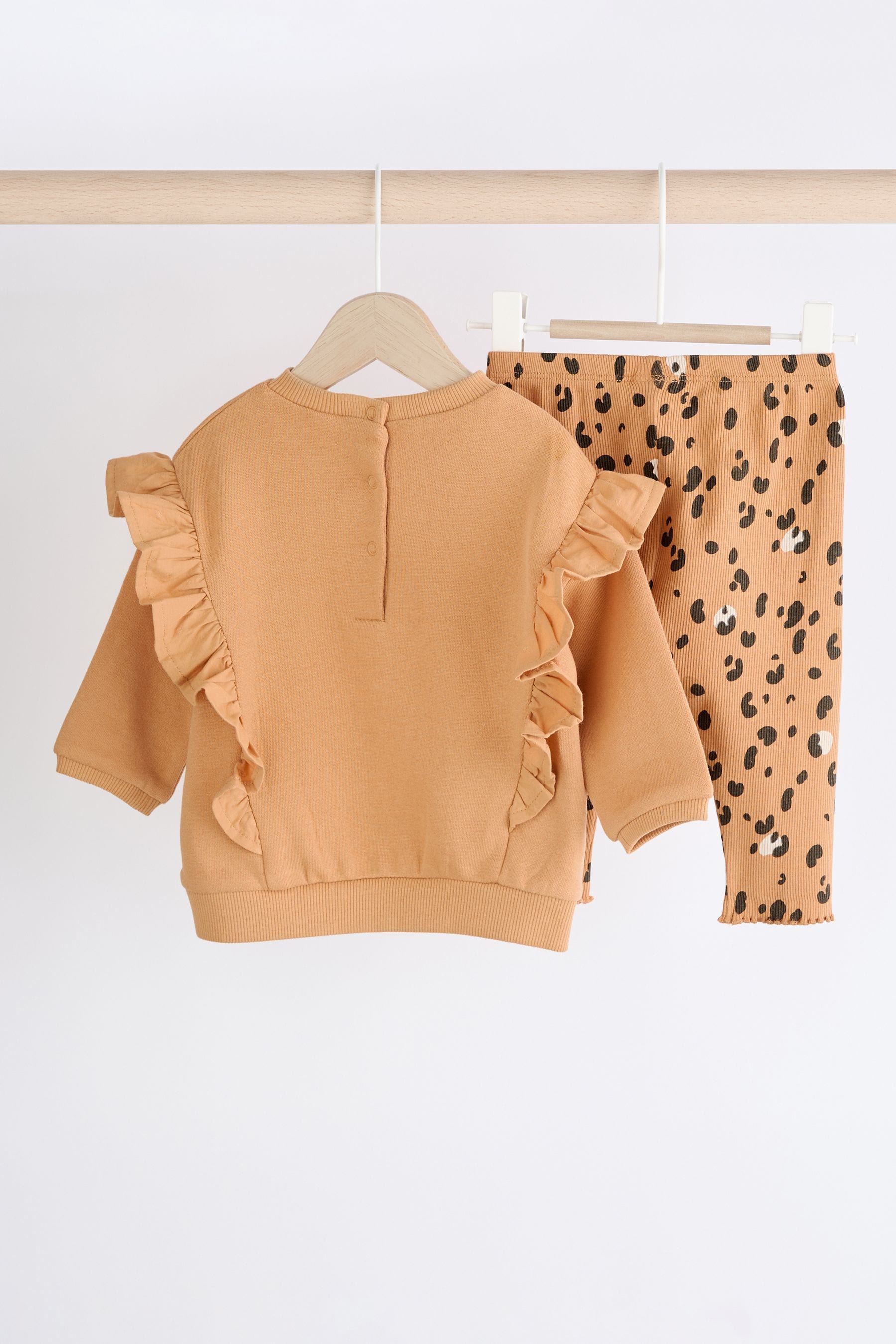 Tan Brown Leopard Print Cosy Baby Sweatshirt And Leggings 2 Piece Set