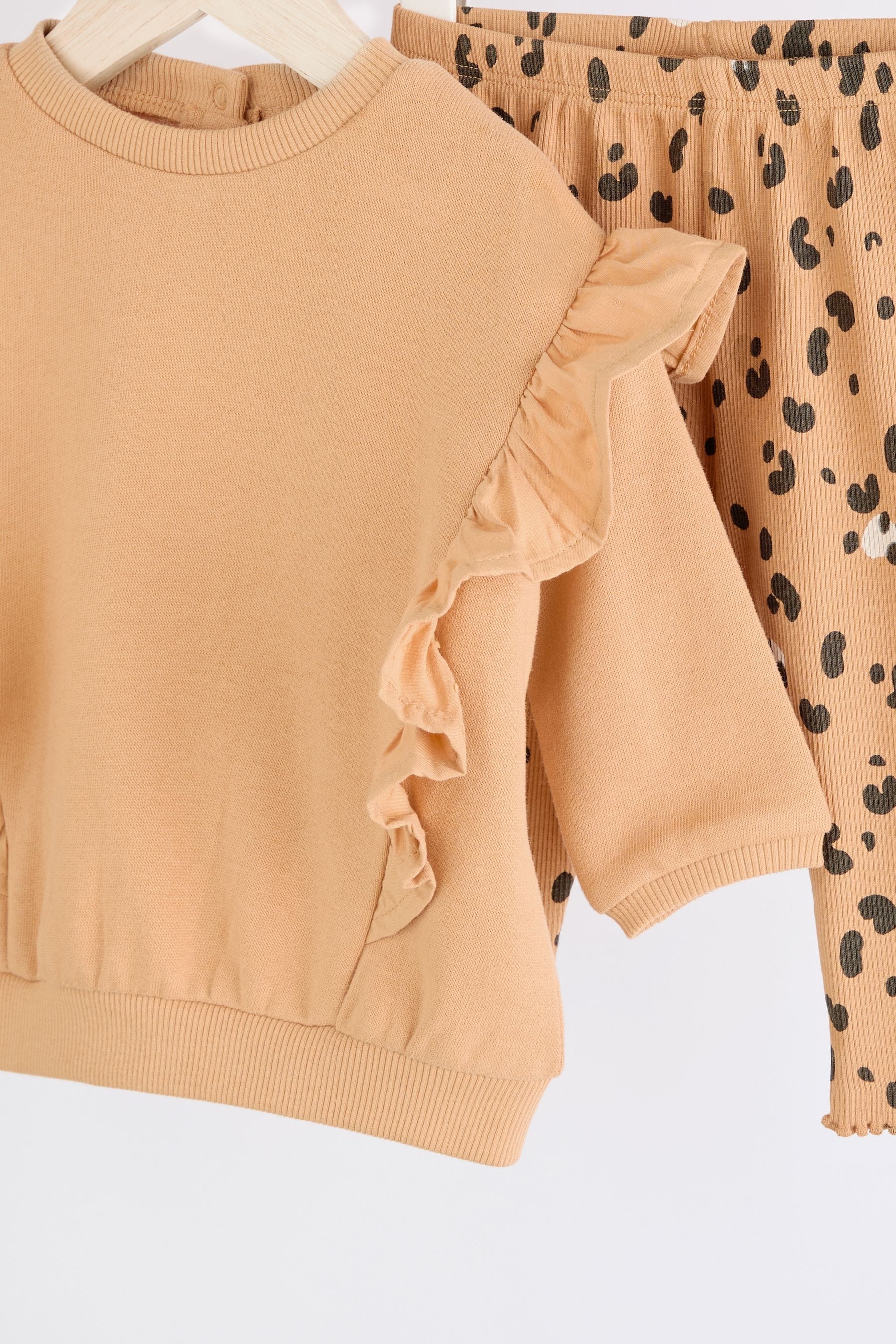 Tan Brown Leopard Print Cosy Baby Sweatshirt And Leggings 2 Piece Set