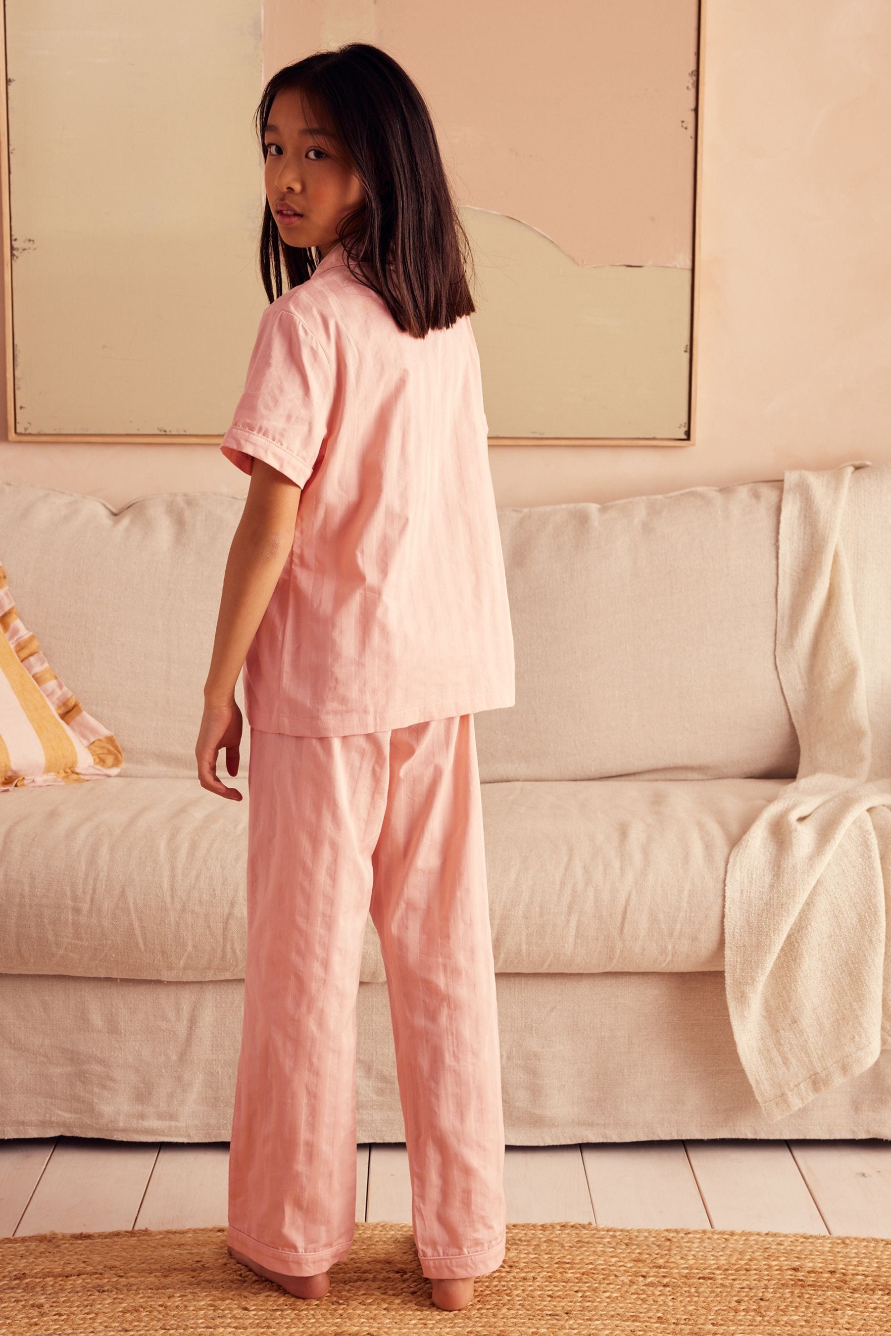 Pink Stripe Sateen Button Through 100% Cotton Pyjamas (6-16yrs)