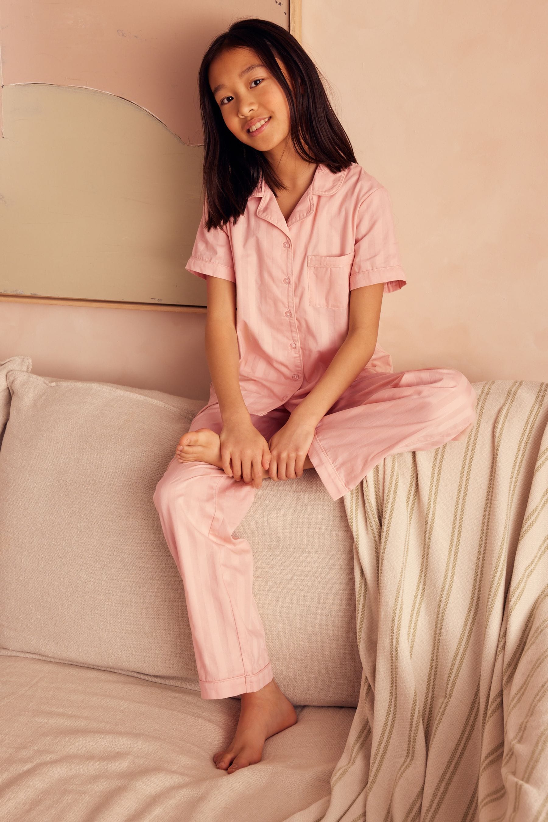 Pink Stripe Sateen Button Through 100% Cotton Pyjamas (6-16yrs)