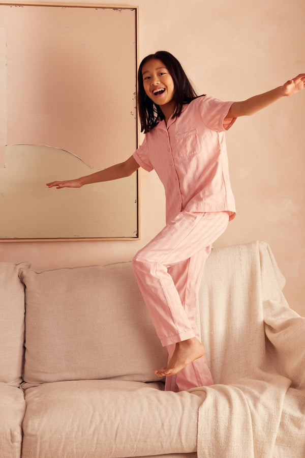 Pink Stripe Sateen Button Through 100% Cotton Pyjamas (6-16yrs)