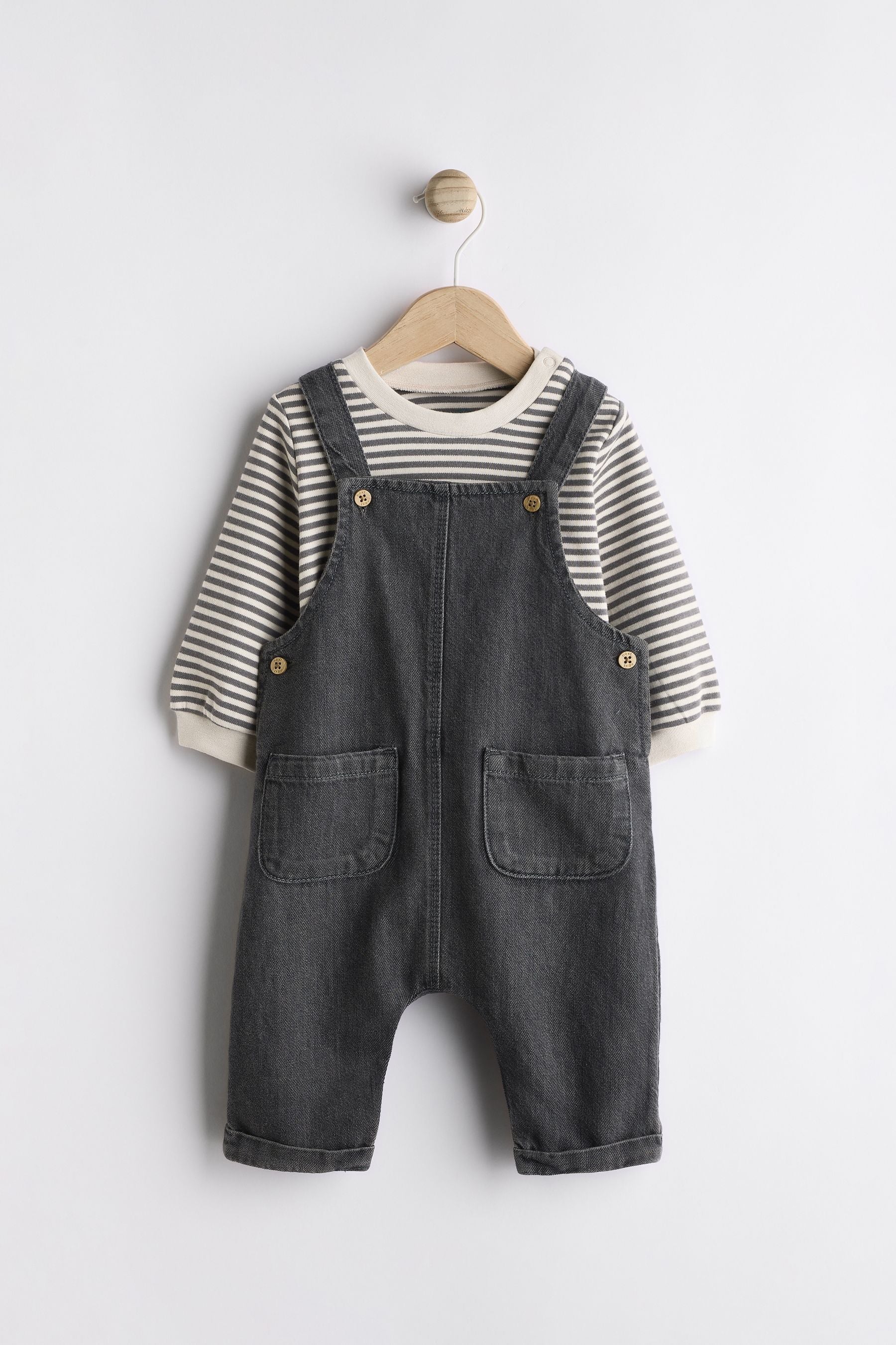 Black/Grey Baby Denim Dungarees and Bodysuit Set (0mths-2yrs)