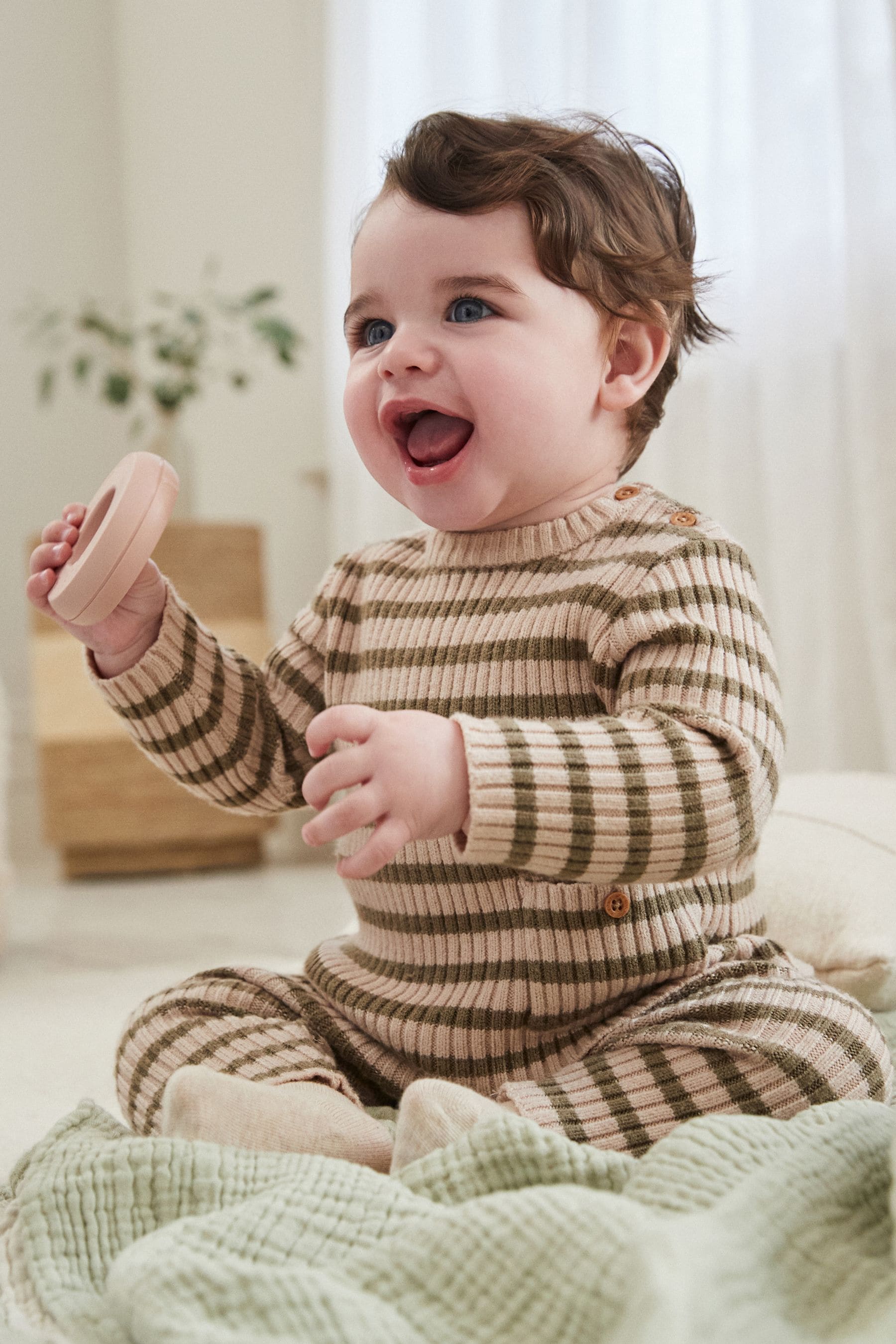 Cream/Green Knitted Rib Top and Leggings Baby Set (0mths-2yrs)